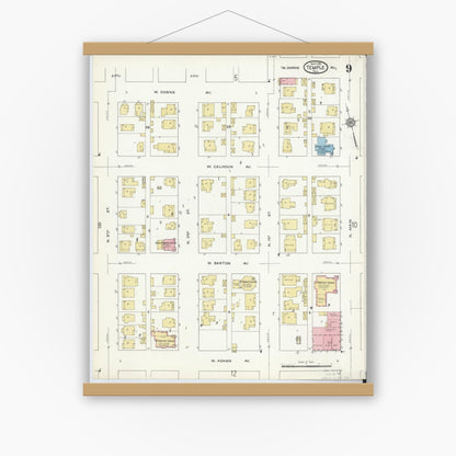 Old map wall art mockup — magnetic wood frame on white wall — Sanborn Fire Insurance Map from Temple, Bell County, Texas (1915), Sheet #0009