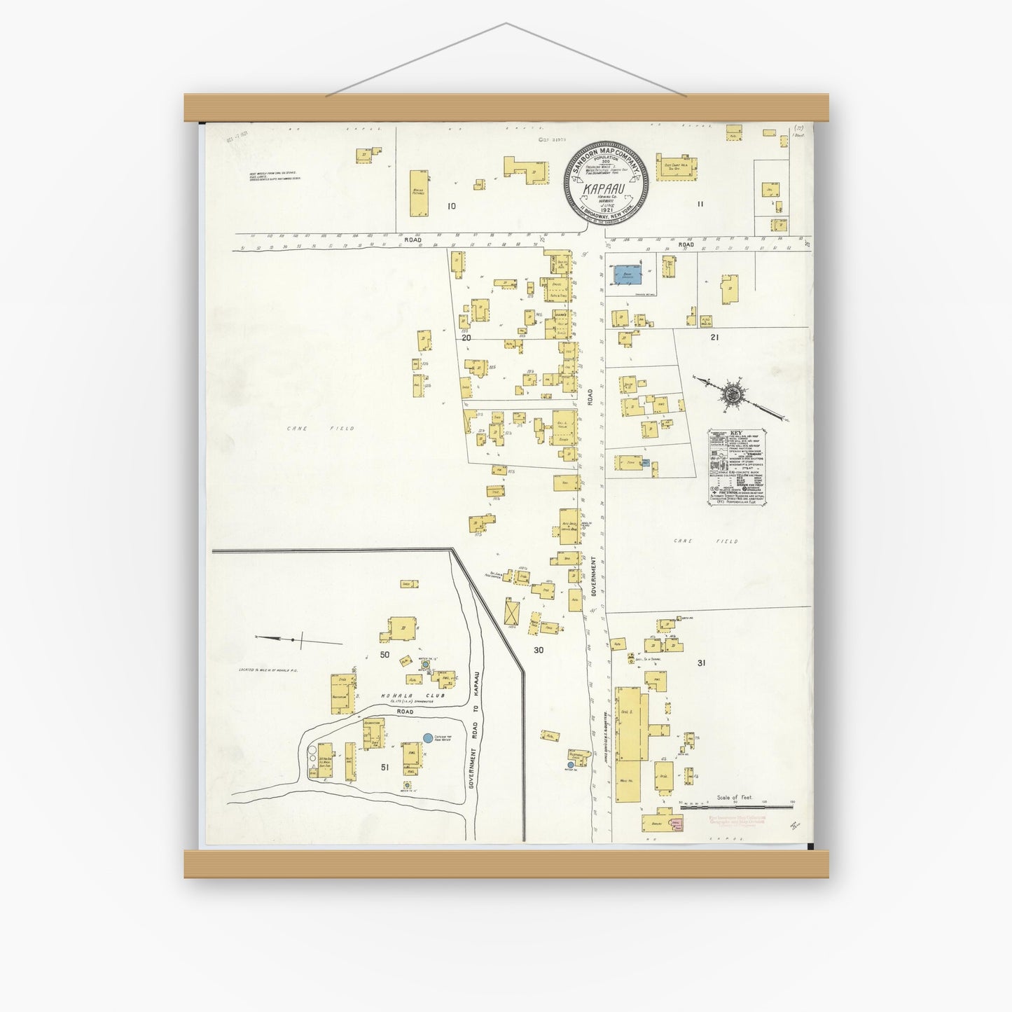 Old map wall art mockup — magnetic wood frame on white wall — Sanborn Fire Insurance Map from Kapaau, Hawaii County, Hawaii (1921), Sheet #0001