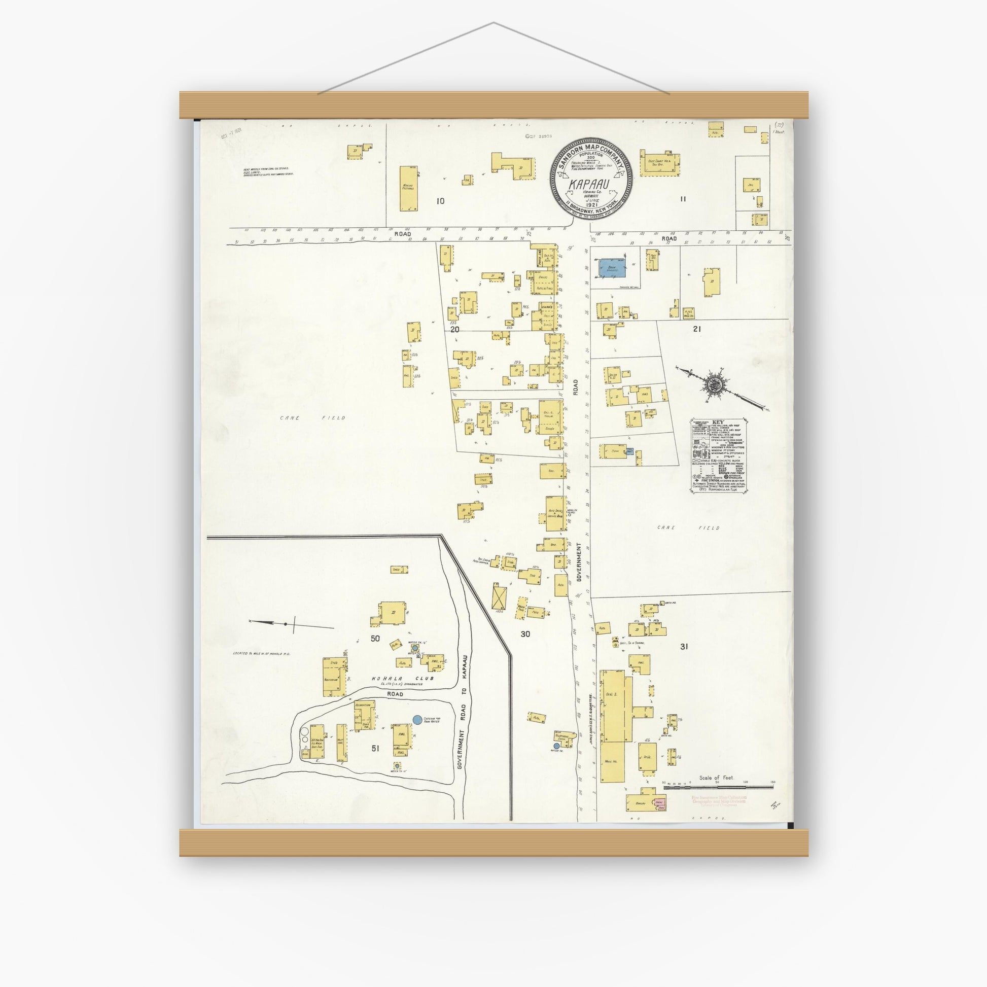 Old map wall art mockup — magnetic wood frame on white wall — Sanborn Fire Insurance Map from Kapaau, Hawaii County, Hawaii (1921), Sheet #0001