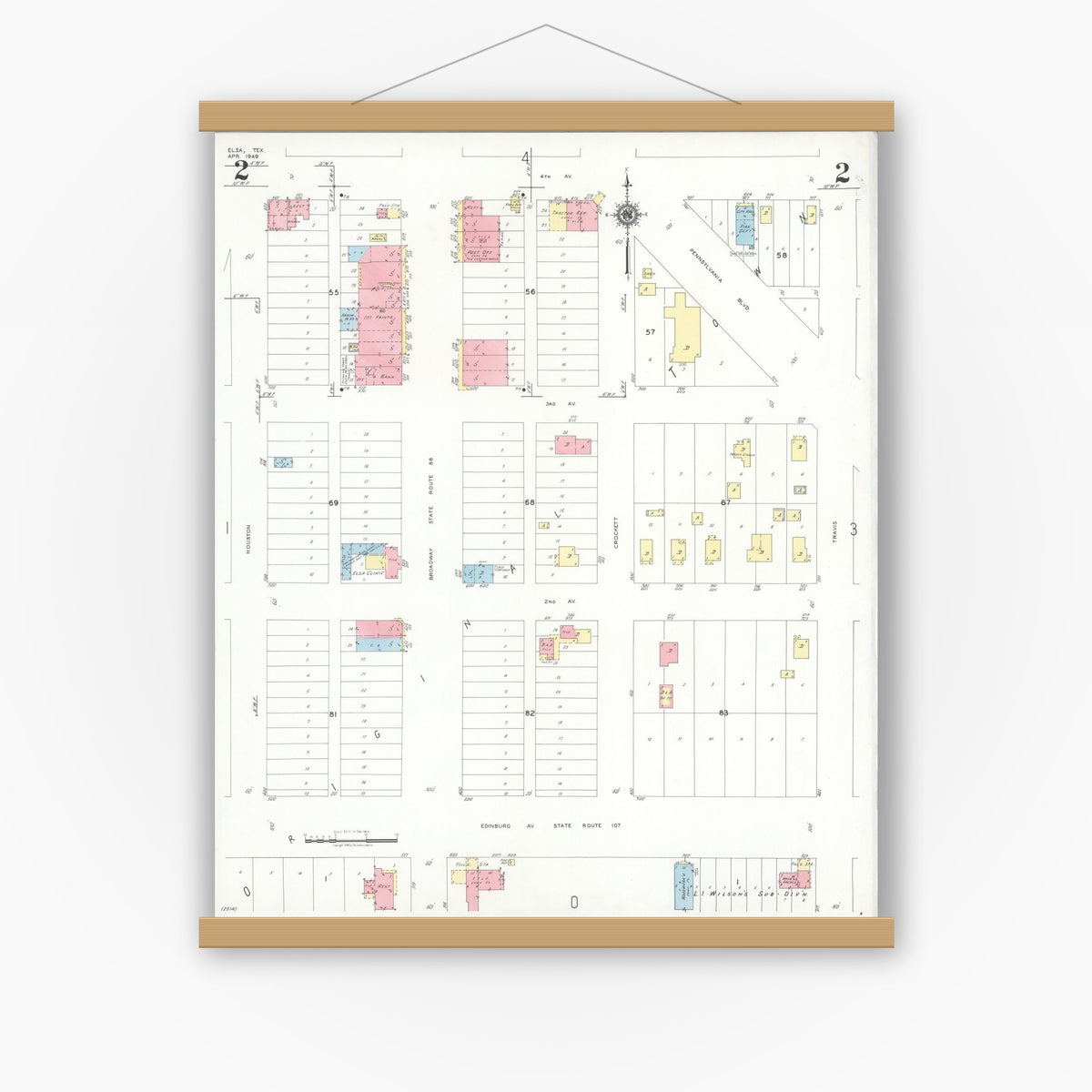 Old map wall art mockup — magnetic wood frame on white wall — Sanborn Fire Insurance Map from Elsa, Hidalgo County, Texas (1949), Sheet #0002