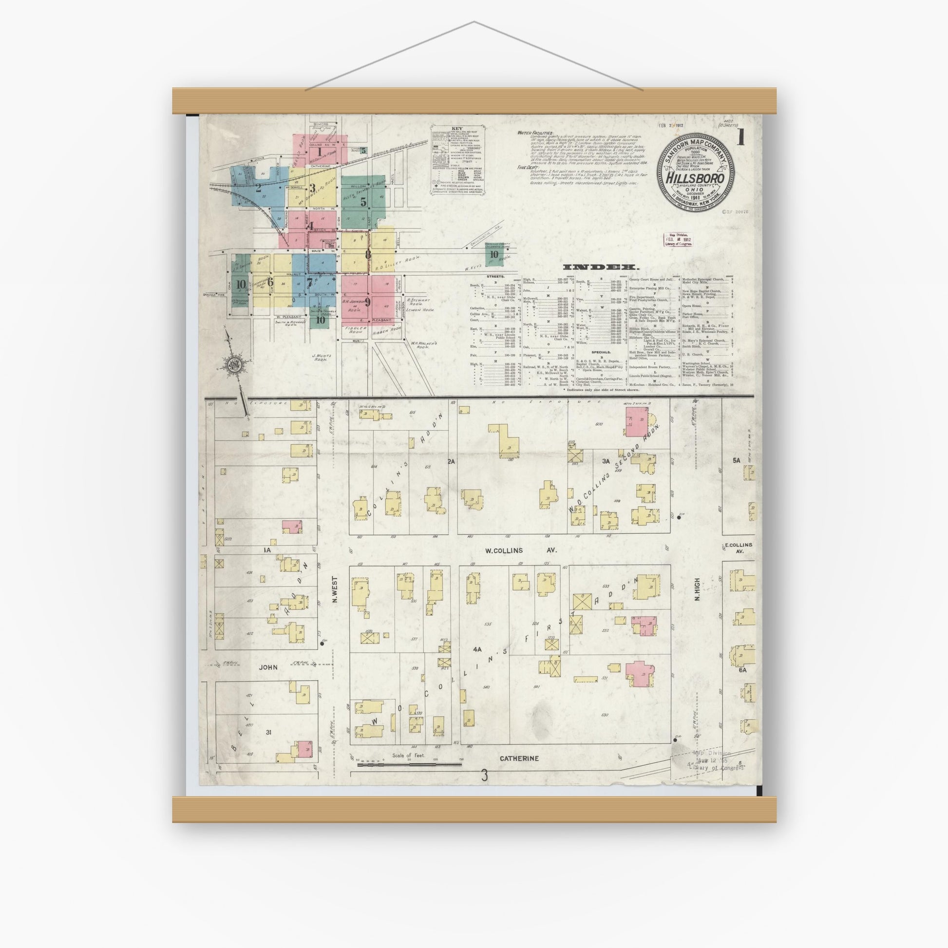 Old map wall art mockup — magnetic wood frame on white wall — Sanborn Fire Insurance Map from Hillsboro, Highland County, Ohio (1911), Sheet #0001