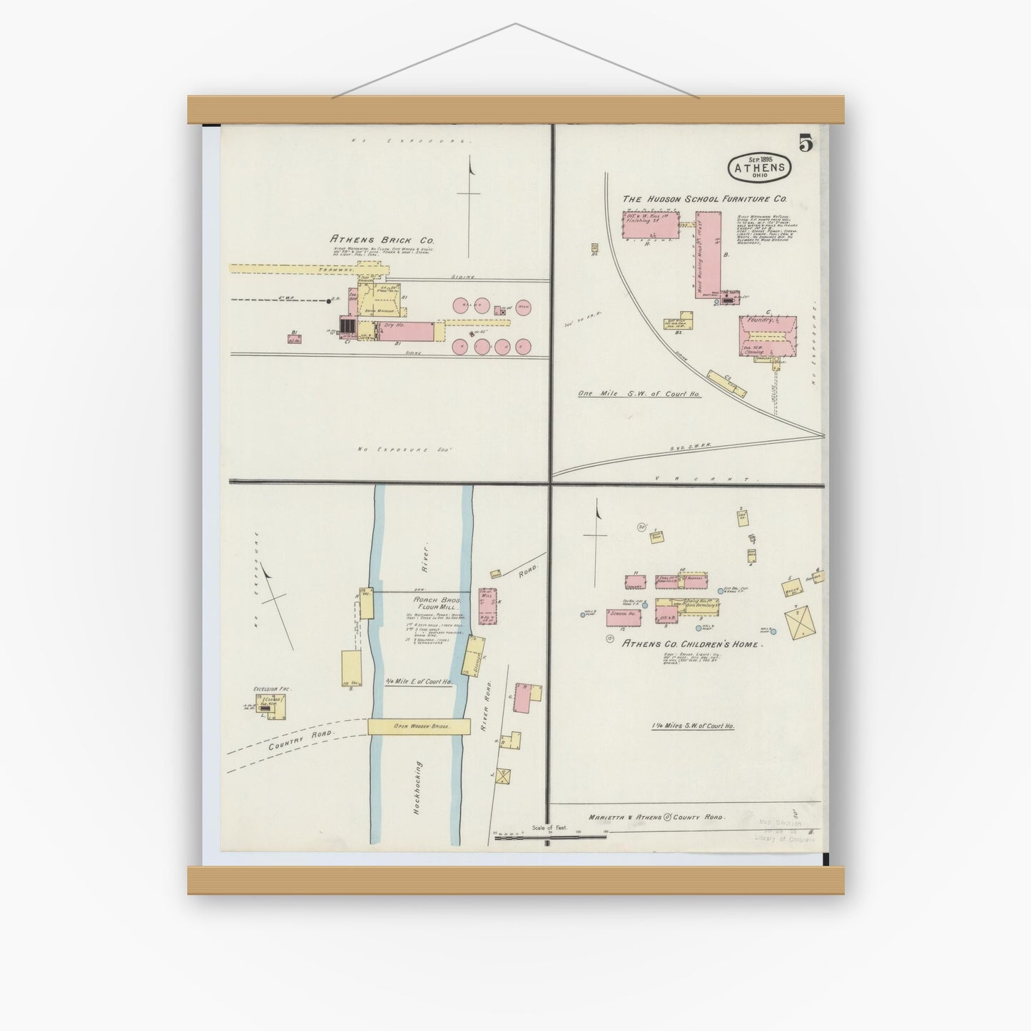 Old map wall art mockup — magnetic wood frame on white wall — Sanborn Fire Insurance Map from Athens, Athens County, Ohio (1895), Sheet #0005