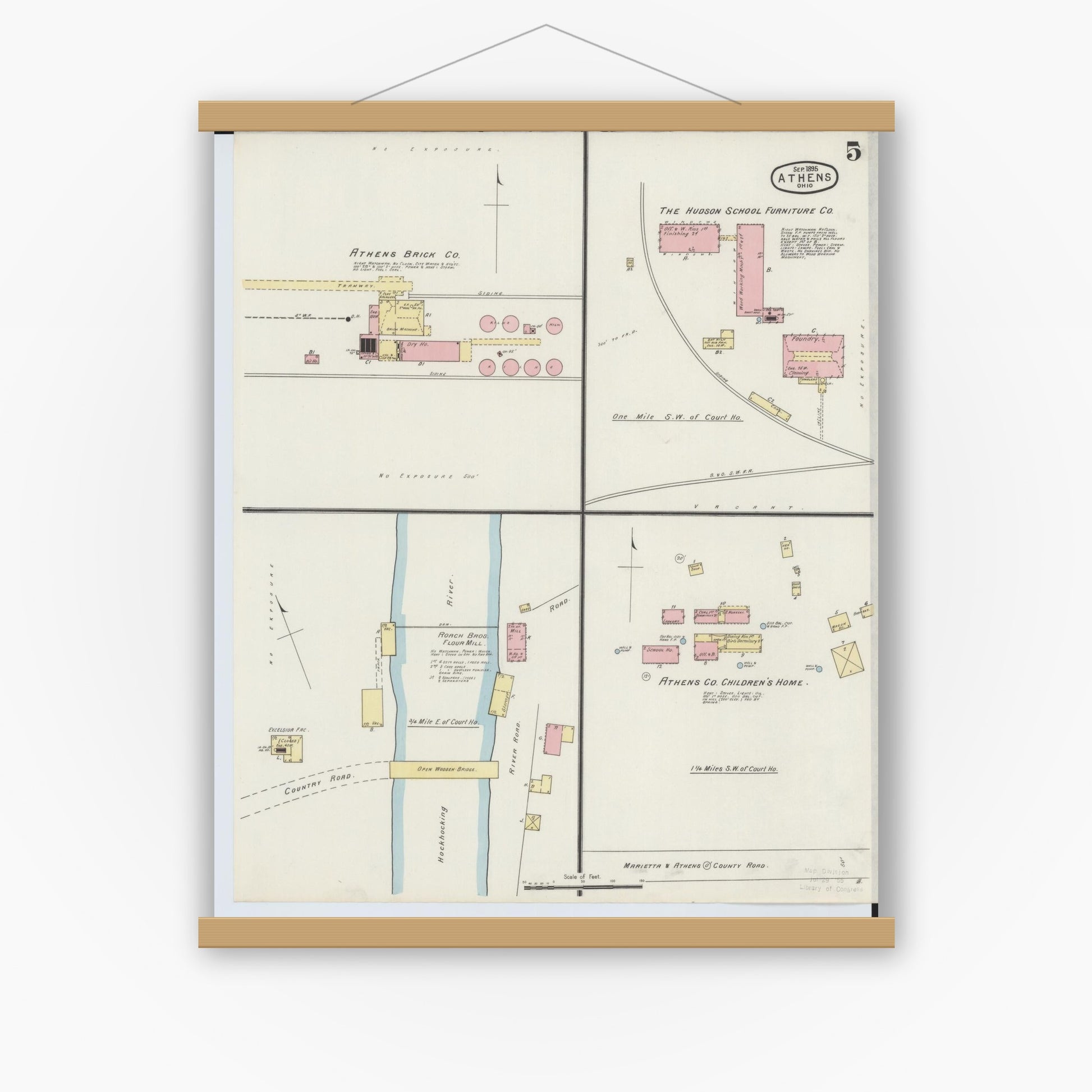 Old map wall art mockup — magnetic wood frame on white wall — Sanborn Fire Insurance Map from Athens, Athens County, Ohio (1895), Sheet #0005