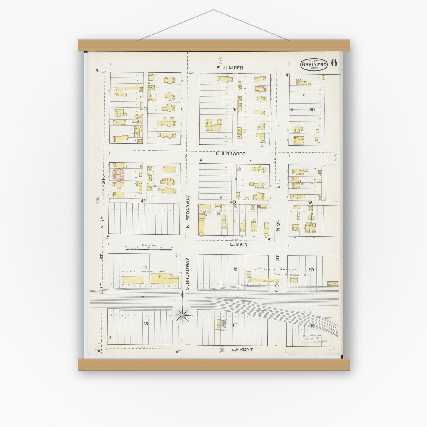 Old map wall art mockup — magnetic wood frame on white wall — Sanborn Fire Insurance Map from Brainerd, Crow Wing County, Minnesota (1892), Sheet #0006