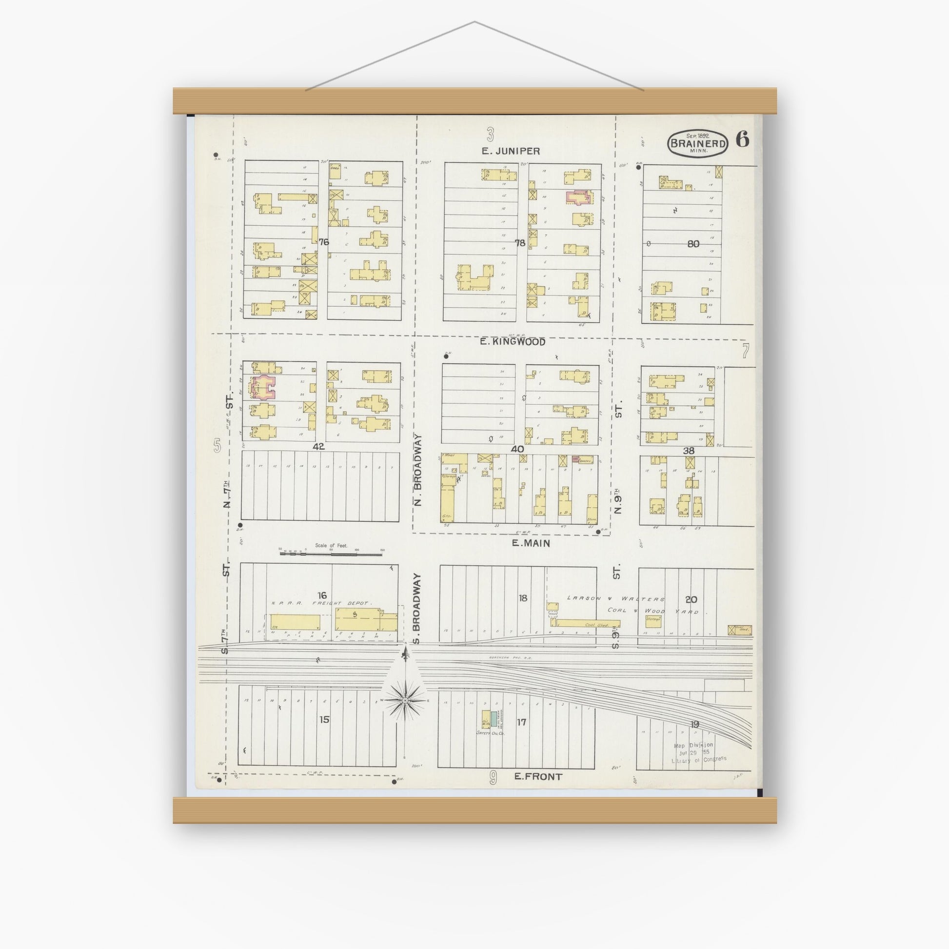 Old map wall art mockup — magnetic wood frame on white wall — Sanborn Fire Insurance Map from Brainerd, Crow Wing County, Minnesota (1892), Sheet #0006