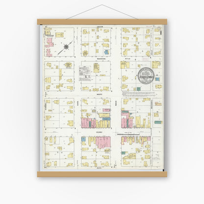Old map wall art mockup — magnetic wood frame on white wall — Sanborn Fire Insurance Map from Berrien Springs, Berrien County, Michigan (1909) - Complete Map Set