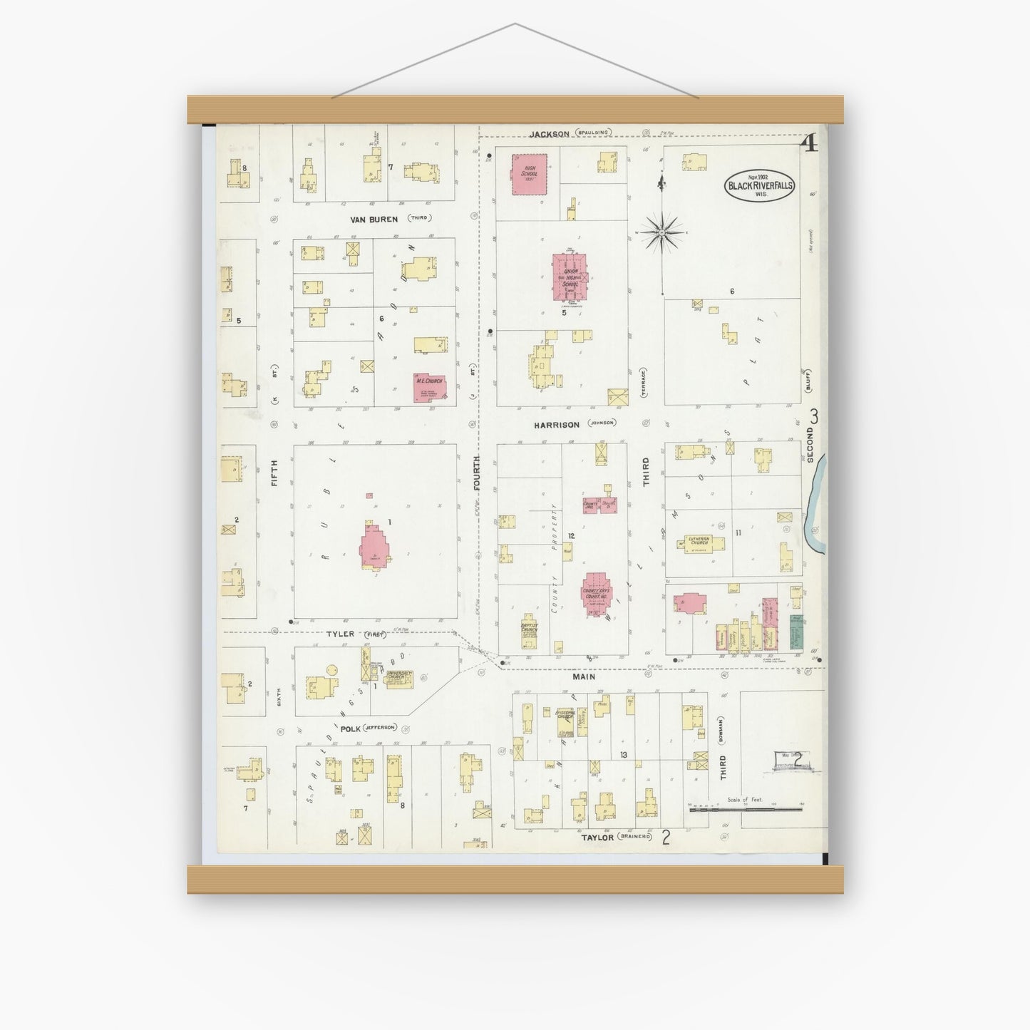 Old map wall art mockup — magnetic wood frame on white wall — Sanborn Fire Insurance Map from Black River Falls, Jackson County, Wisconsin (1902), Sheet #0004
