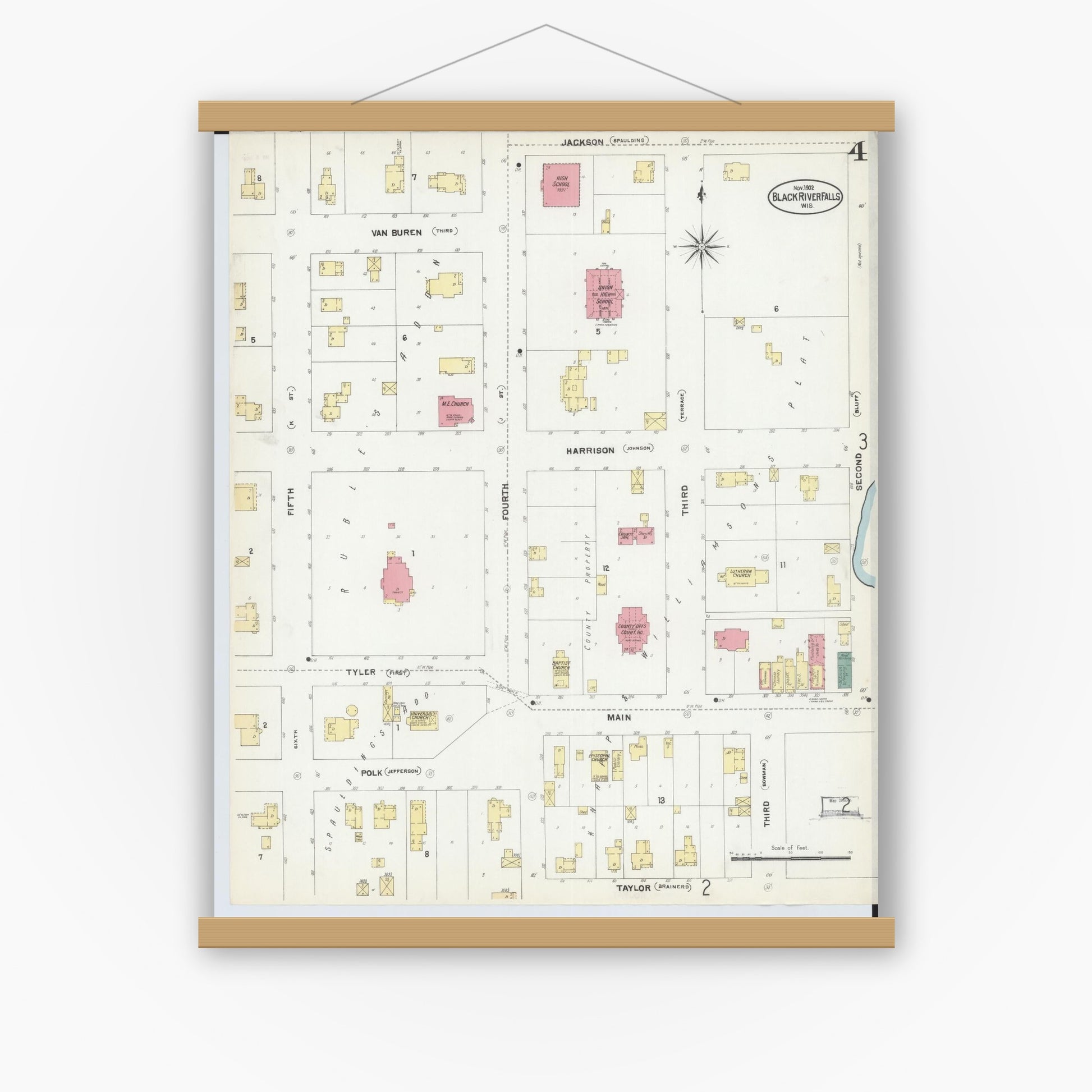 Old map wall art mockup — magnetic wood frame on white wall — Sanborn Fire Insurance Map from Black River Falls, Jackson County, Wisconsin (1902), Sheet #0004