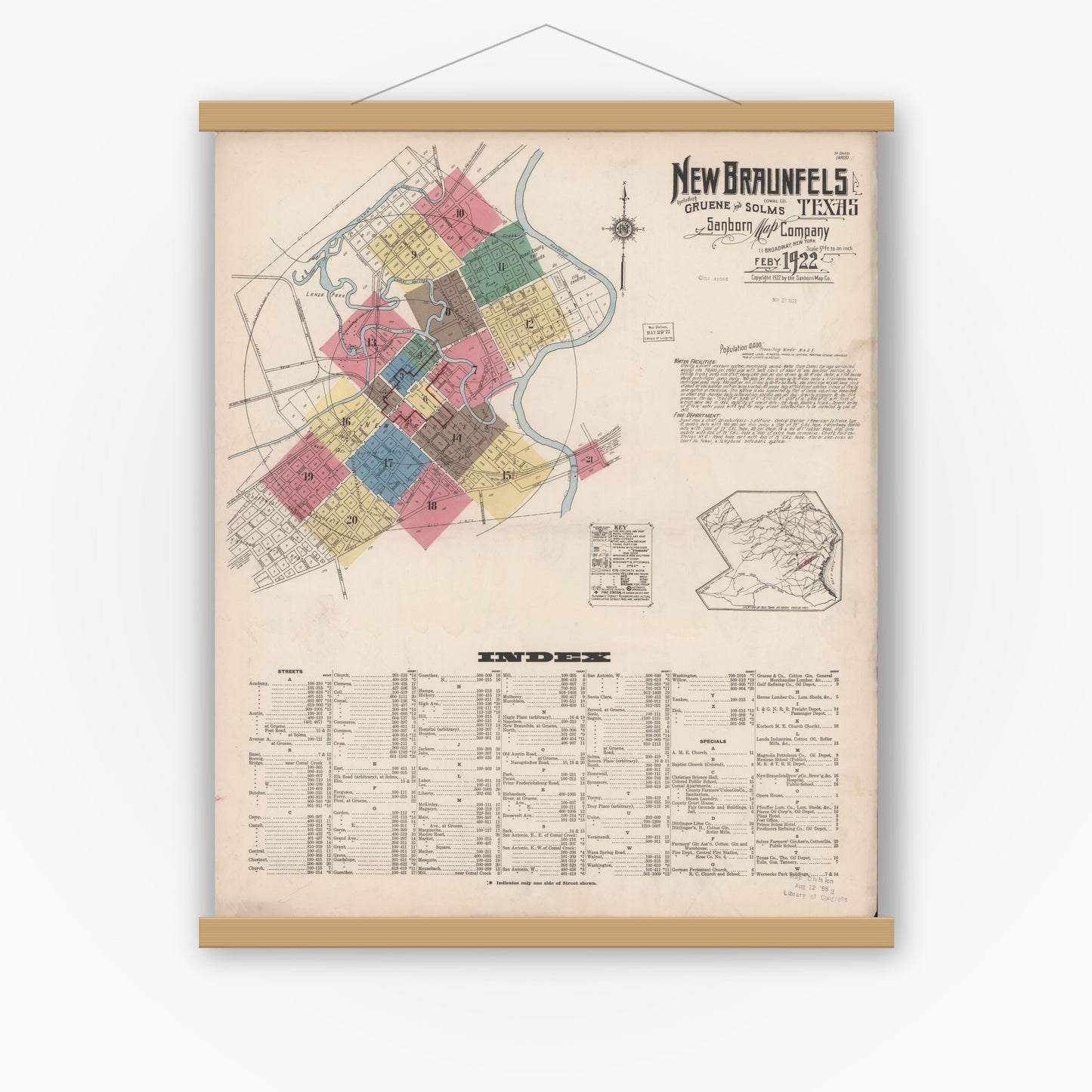 Old map wall art mockup — magnetic wood frame on white wall — Sanborn Fire Insurance Map from New Braunfels, Comal County, Texas (1922), Sheet #0001
