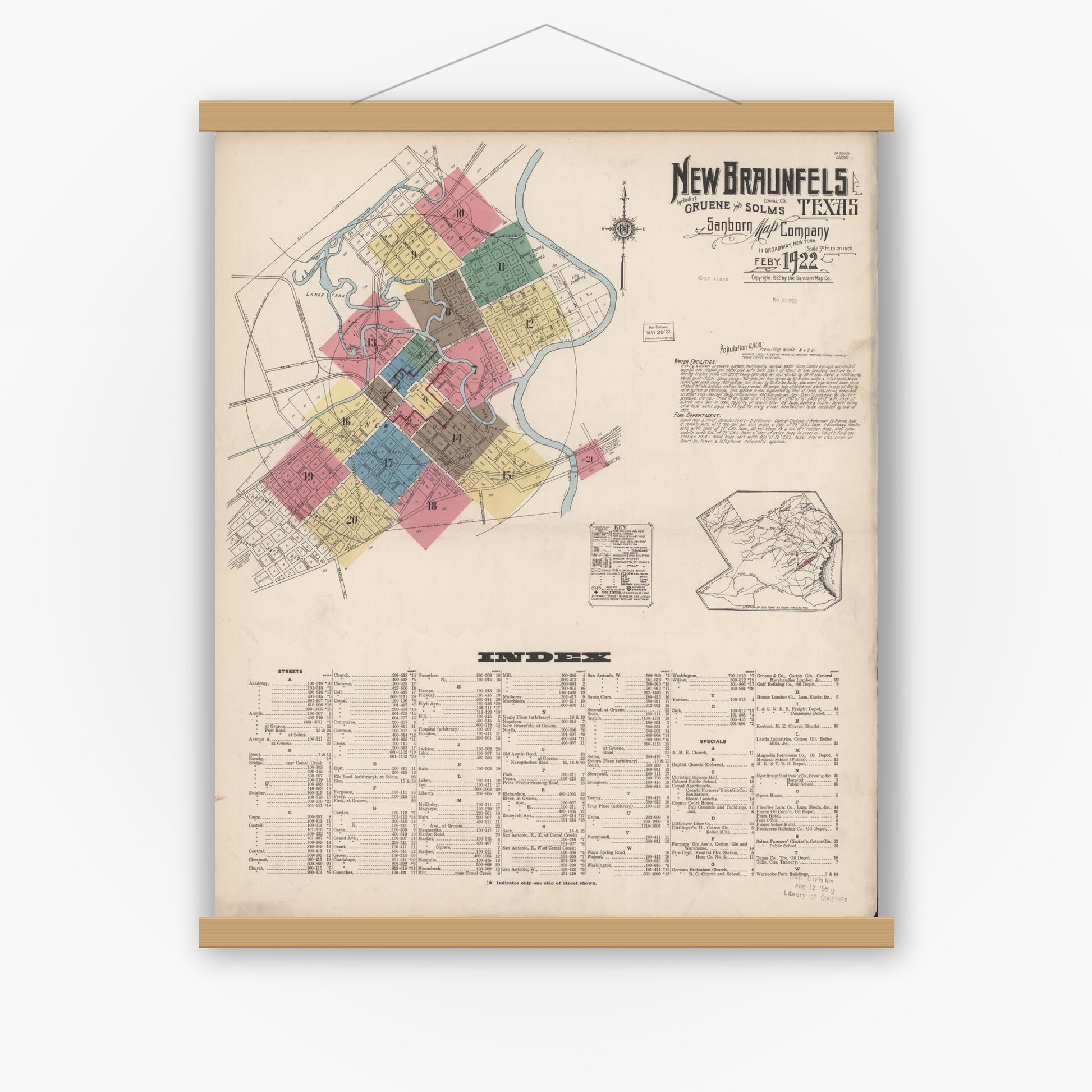 Old map wall art mockup — magnetic wood frame on white wall — Sanborn Fire Insurance Map from New Braunfels, Comal County, Texas (1922), Sheet #0001
