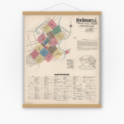 Old map wall art mockup — magnetic wood frame on white wall — Sanborn Fire Insurance Map from New Braunfels, Comal County, Texas (1922), Sheet #0001