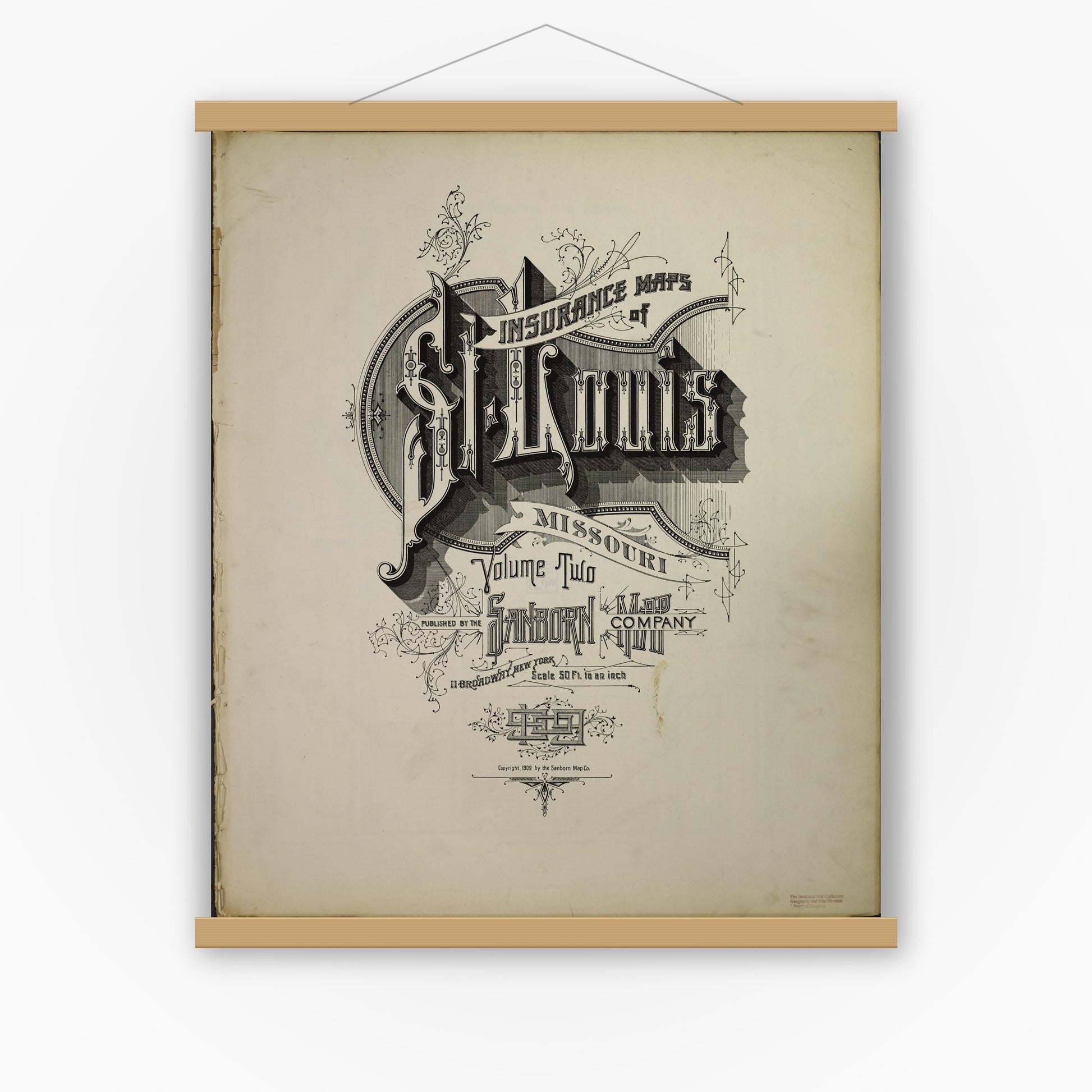 Old map wall art mockup — magnetic wood frame on white wall — Sanborn Fire Insurance Map from Saint Louis, Independent City, Missouri (1909), Sheet #0001