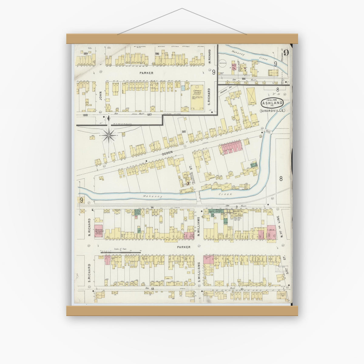 Old map wall art mockup — magnetic wood frame on white wall — Sanborn Fire Insurance Map from Ashland, Schuylkill County, Pennsylvania (1896), Sheet #0009