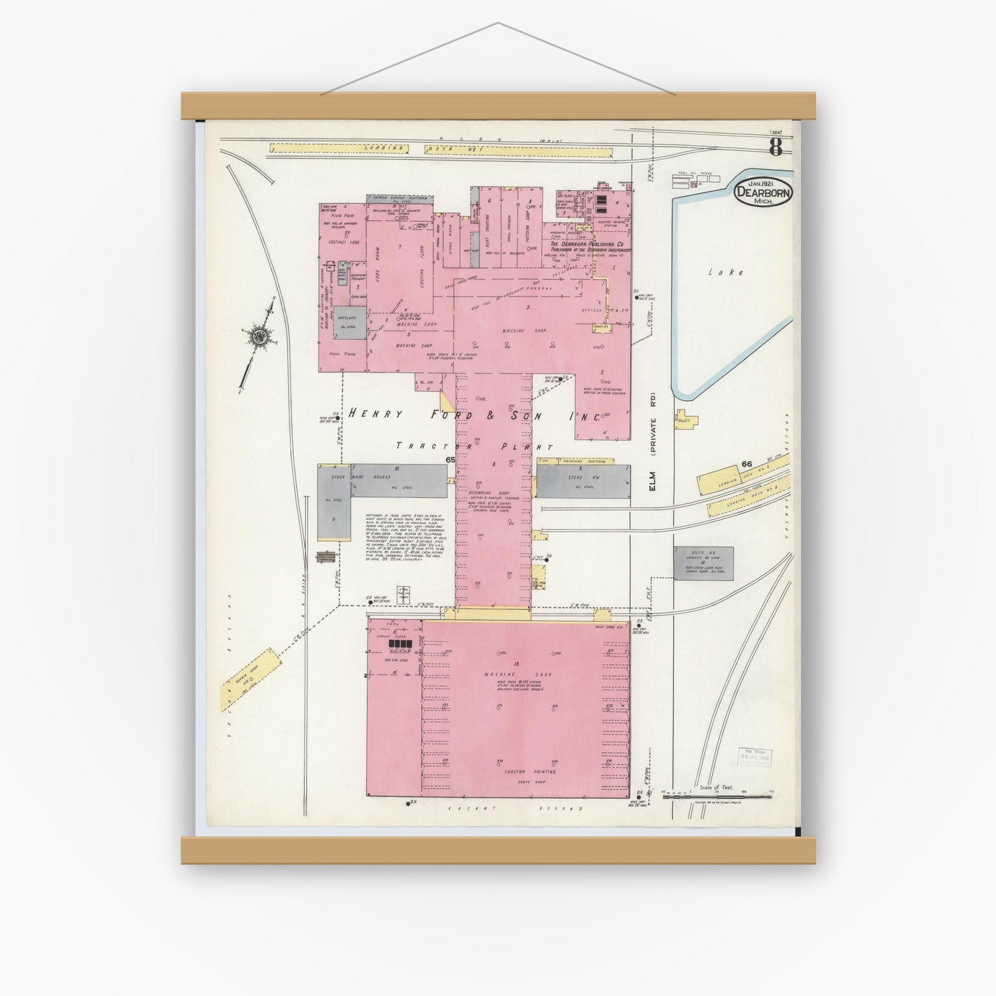 Old map wall art mockup — magnetic wood frame on white wall — Sanborn Fire Insurance Map from Dearborn, Wayne County, Michigan (1921), Sheet #0008