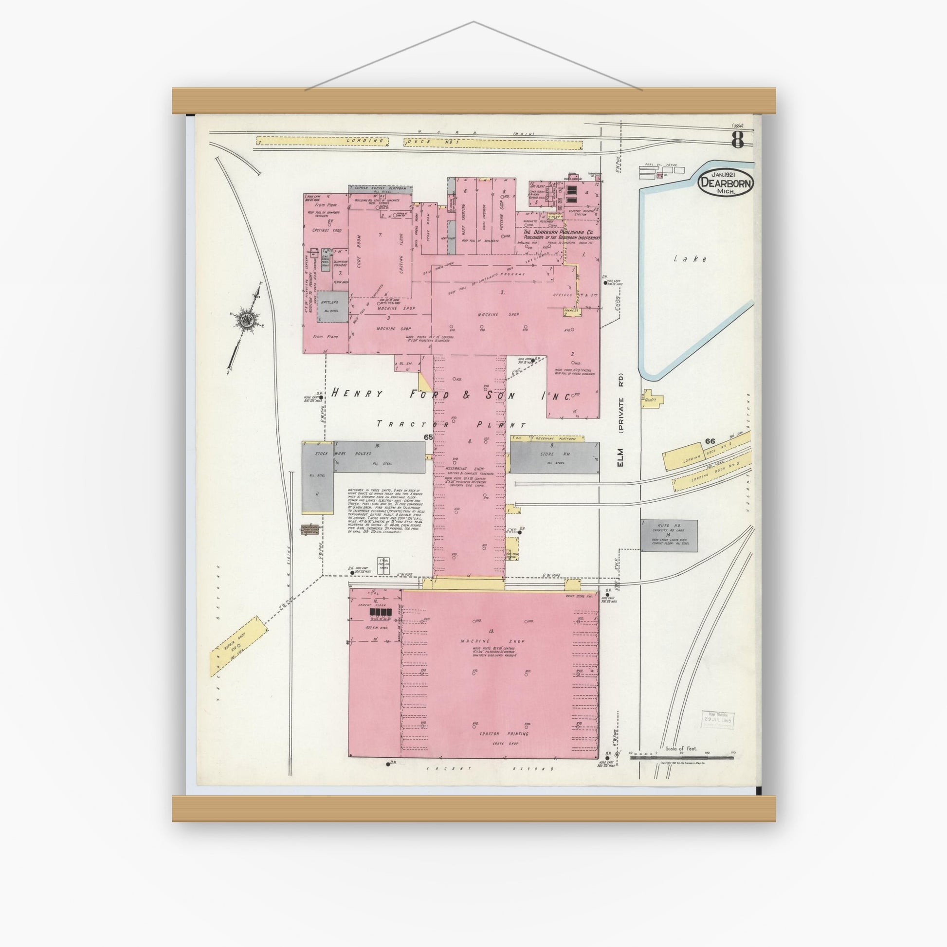 Old map wall art mockup — magnetic wood frame on white wall — Sanborn Fire Insurance Map from Dearborn, Wayne County, Michigan (1921), Sheet #0008