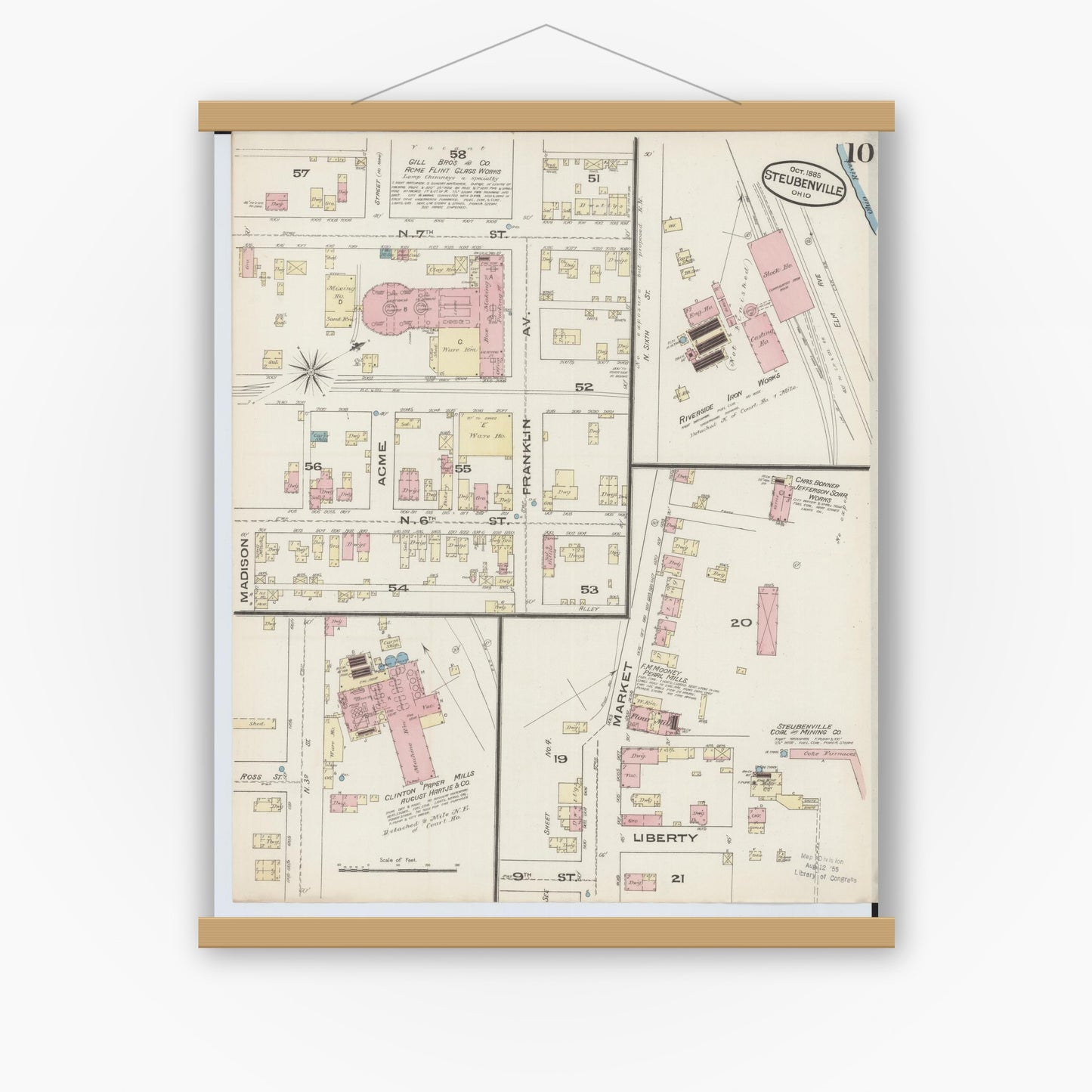 Old map wall art mockup — magnetic wood frame on white wall — Sanborn Fire Insurance Map from Steubenville, Jefferson County, Ohio (1885), Sheet #0010