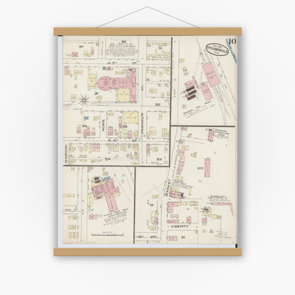 Old map wall art mockup — magnetic wood frame on white wall — Sanborn Fire Insurance Map from Steubenville, Jefferson County, Ohio (1885), Sheet #0010