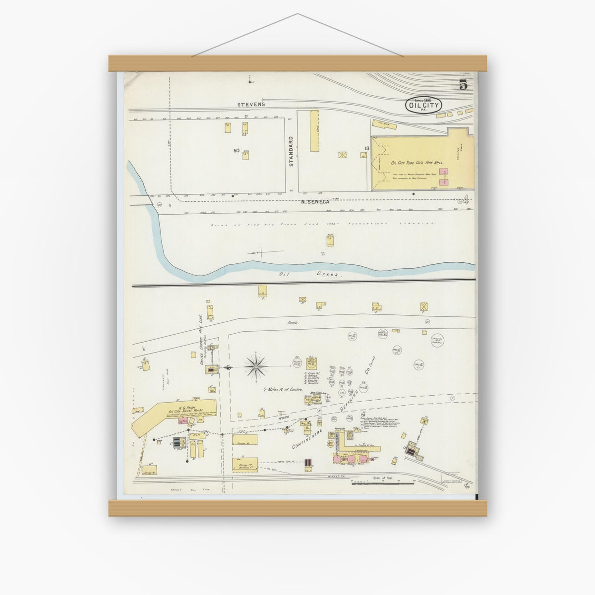 Old map wall art mockup — magnetic wood frame on white wall — Sanborn Fire Insurance Map from Oil City, Venango County, Pennsylvania (1895), Sheet #0005