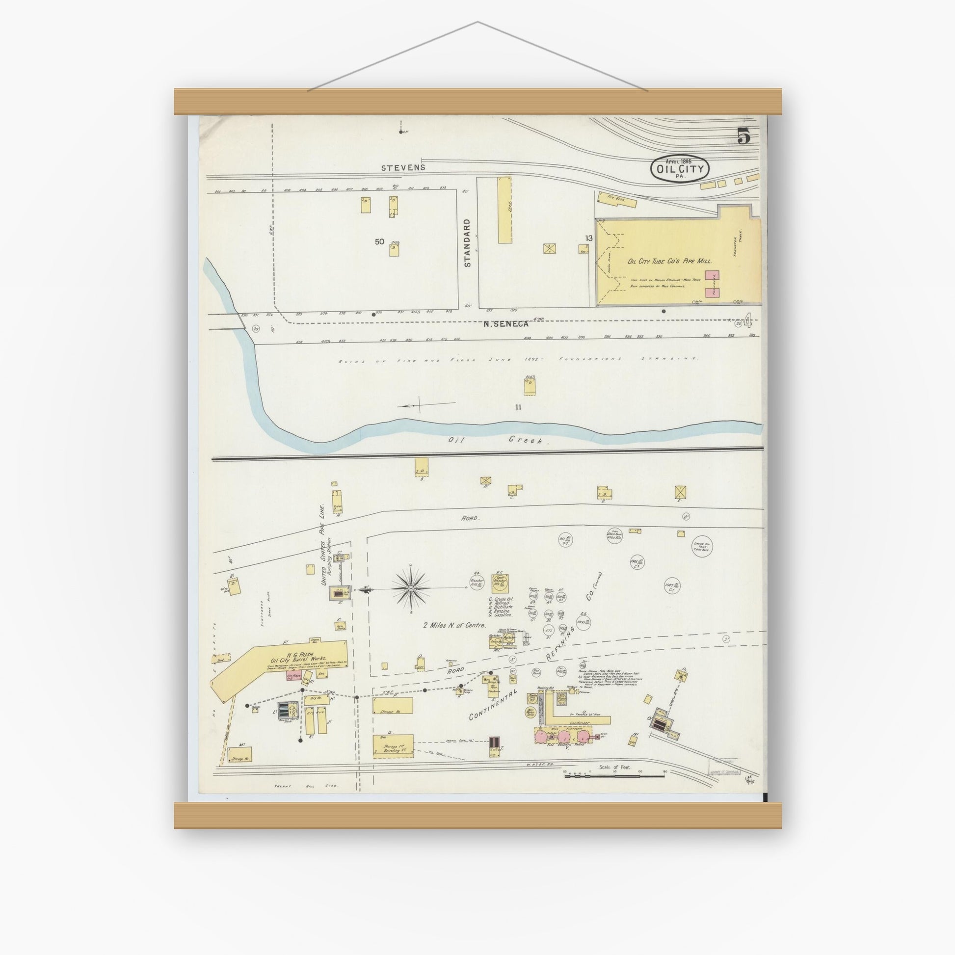Old map wall art mockup — magnetic wood frame on white wall — Sanborn Fire Insurance Map from Oil City, Venango County, Pennsylvania (1895), Sheet #0005