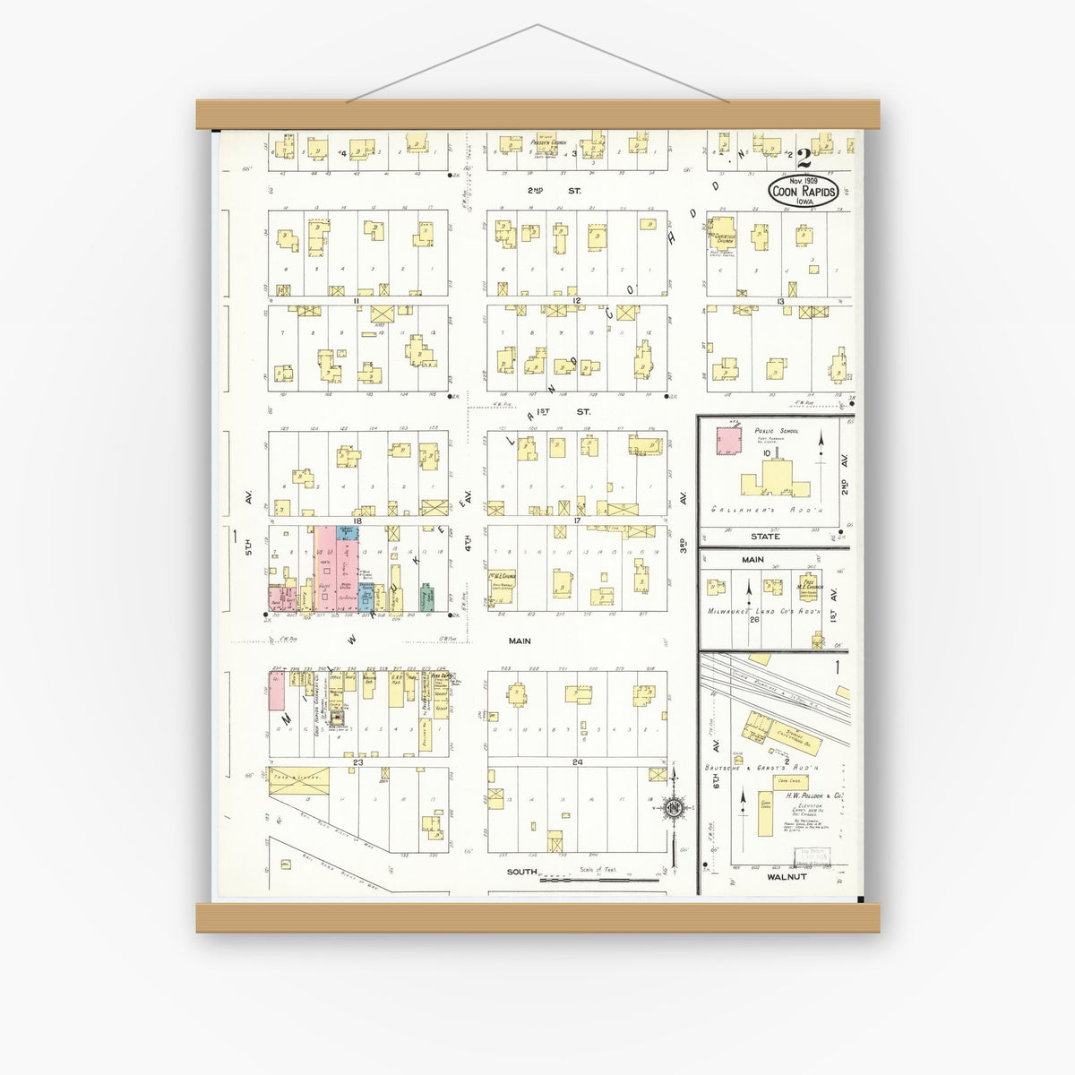 Old map wall art mockup — magnetic wood frame on white wall — Sanborn Fire Insurance Map from Coon Rapids, Carroll County, Iowa (1909), Sheet #0002