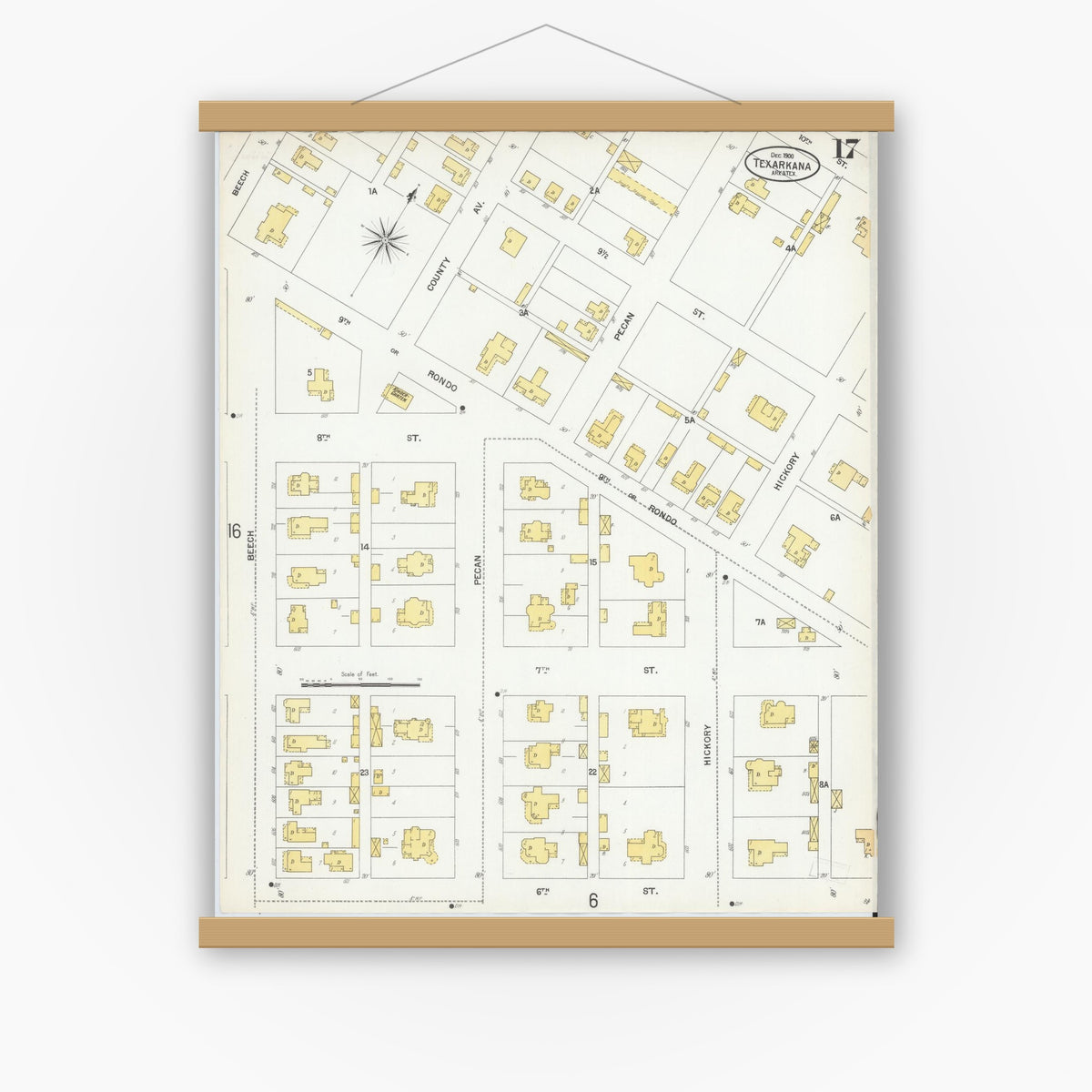 Old map wall art mockup — magnetic wood frame on white wall — Sanborn Fire Insurance Map from Texarkana, Bowie County, Texas (1900), Sheet #0017
