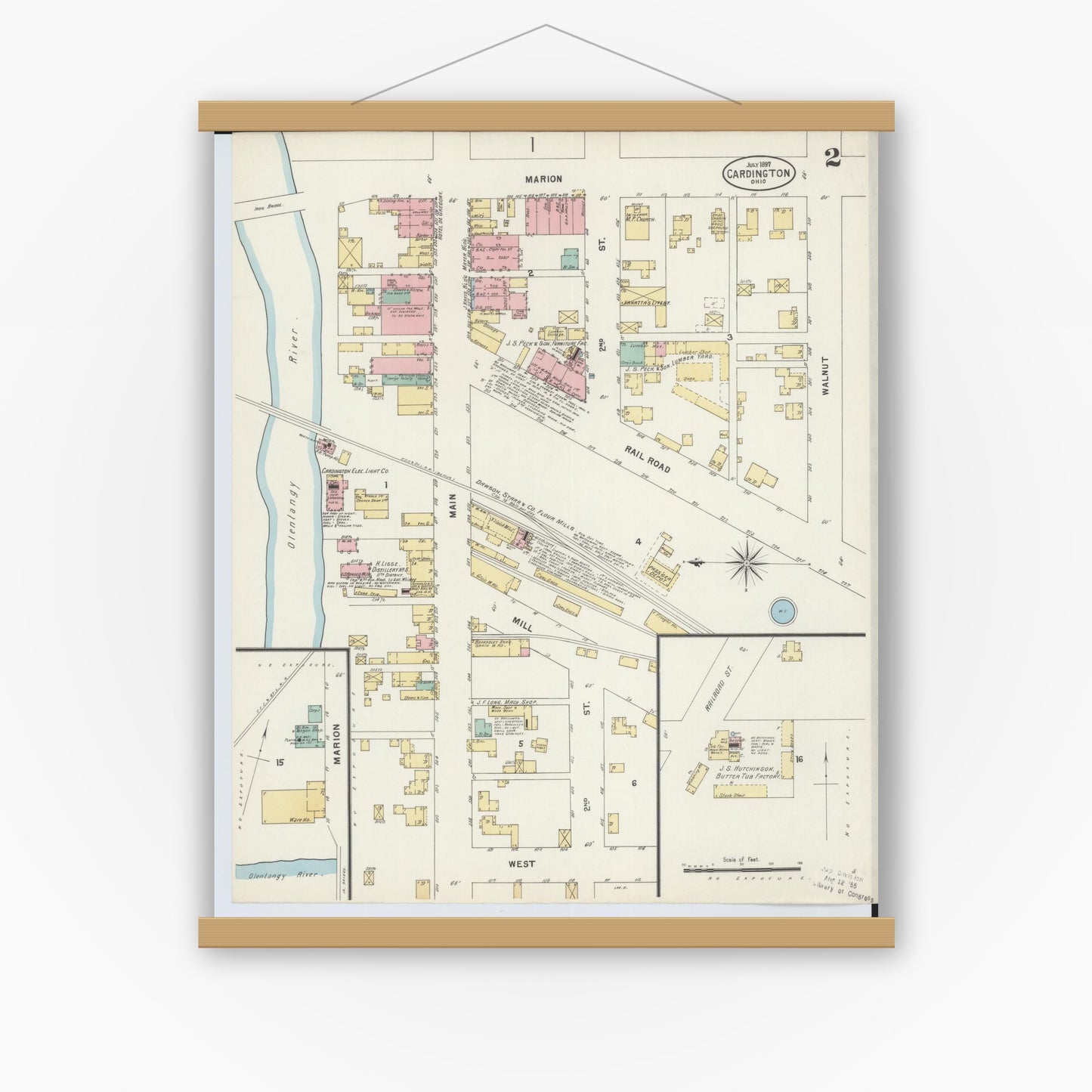 Old map wall art mockup — magnetic wood frame on white wall — Sanborn Fire Insurance Map from Cardington, Morrow County, Ohio (1897), Sheet #0002