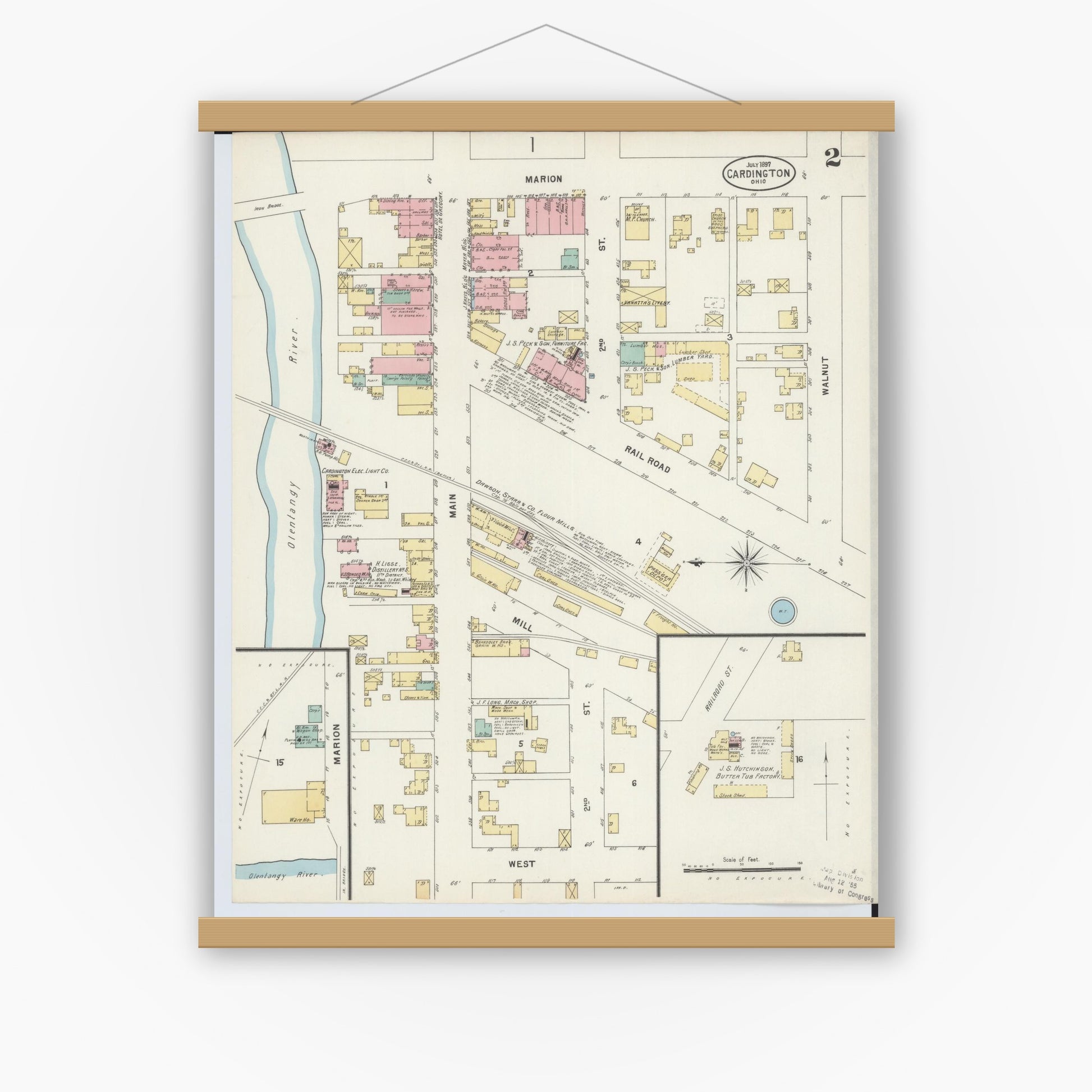 Old map wall art mockup — magnetic wood frame on white wall — Sanborn Fire Insurance Map from Cardington, Morrow County, Ohio (1897), Sheet #0002
