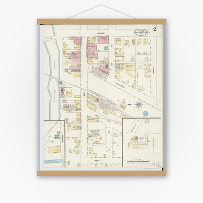 Old map wall art mockup — magnetic wood frame on white wall — Sanborn Fire Insurance Map from Cardington, Morrow County, Ohio (1897), Sheet #0002