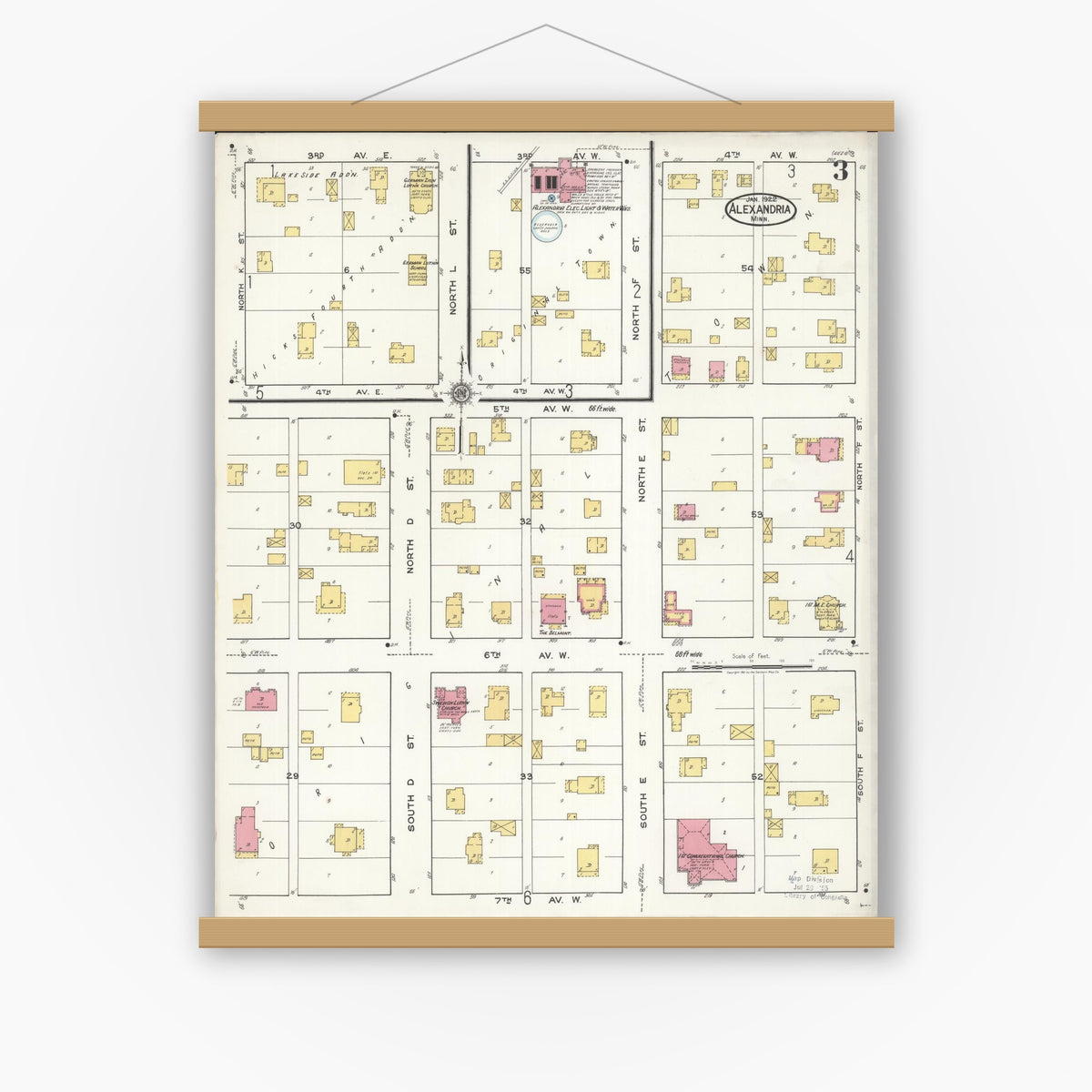 Old map wall art mockup — magnetic wood frame on white wall — Sanborn Fire Insurance Map from Alexandria, Douglas County, Minnesota (1922), Sheet #0003
