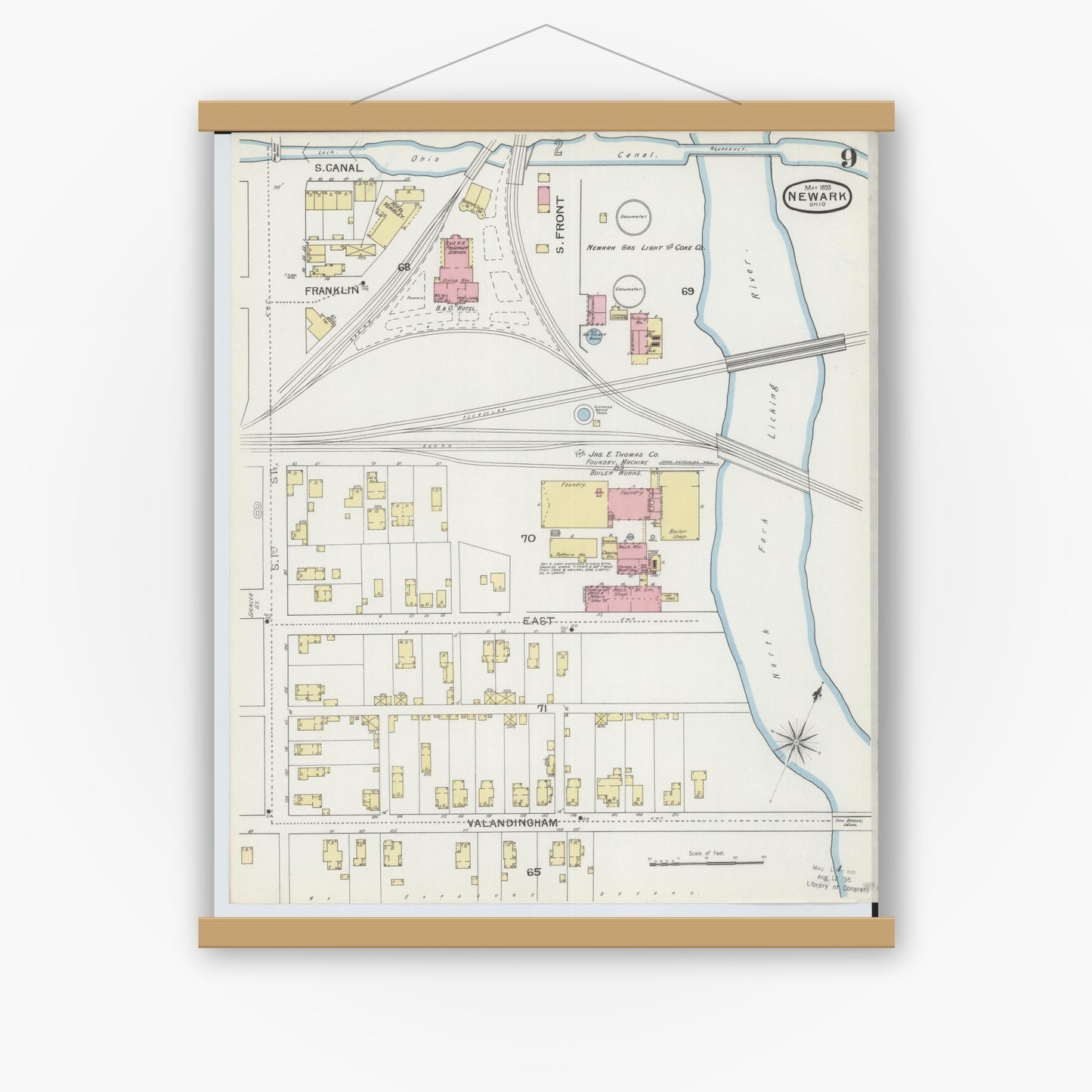 Old map wall art mockup — magnetic wood frame on white wall — Sanborn Fire Insurance Map from Newark, Licking County, Ohio (1893), Sheet #0009