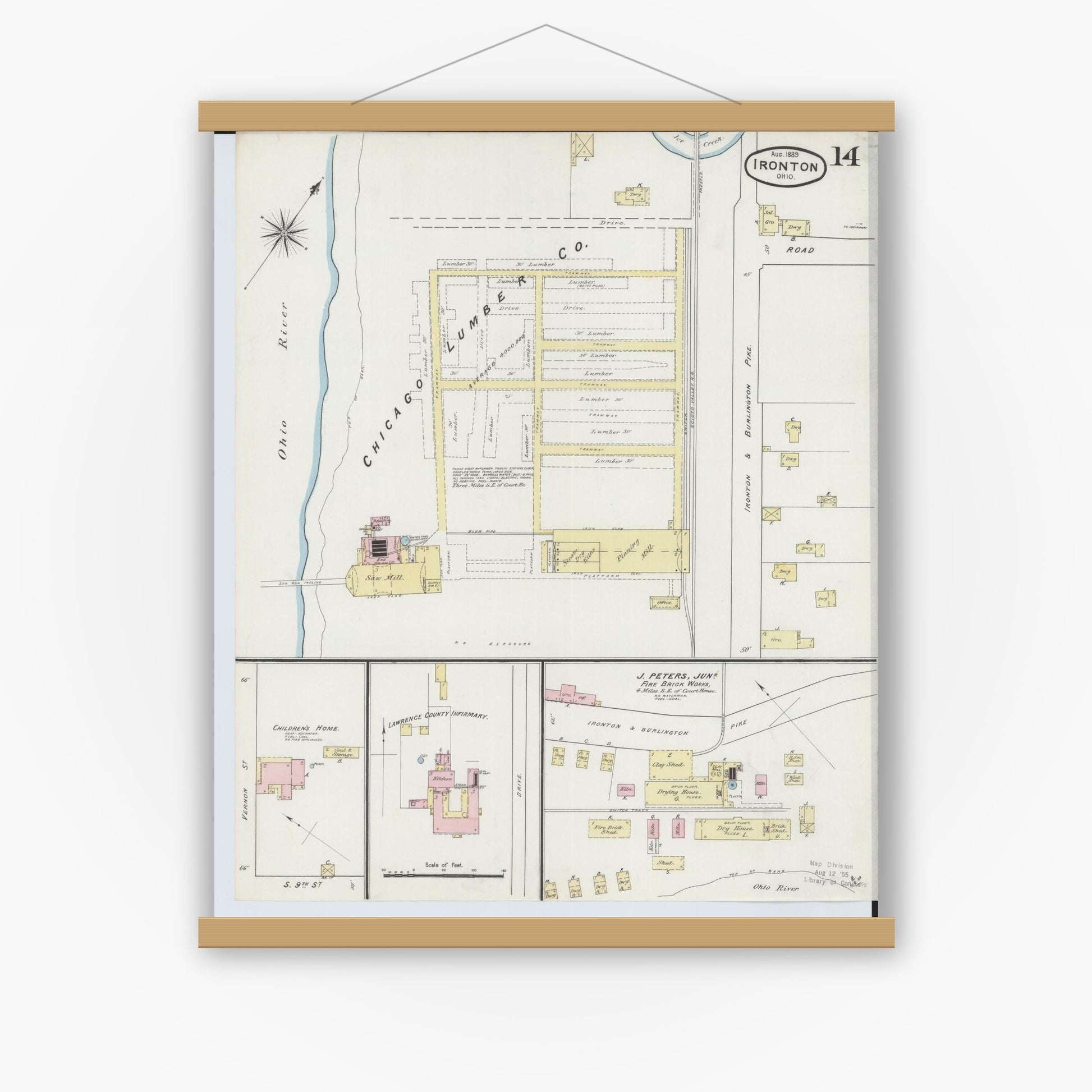 Old map wall art mockup — magnetic wood frame on white wall — Sanborn Fire Insurance Map from Ironton, Lawrence County, Ohio (1889), Sheet #0014