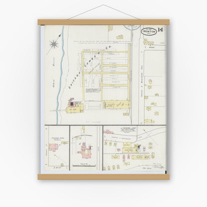 Old map wall art mockup — magnetic wood frame on white wall — Sanborn Fire Insurance Map from Ironton, Lawrence County, Ohio (1889), Sheet #0014