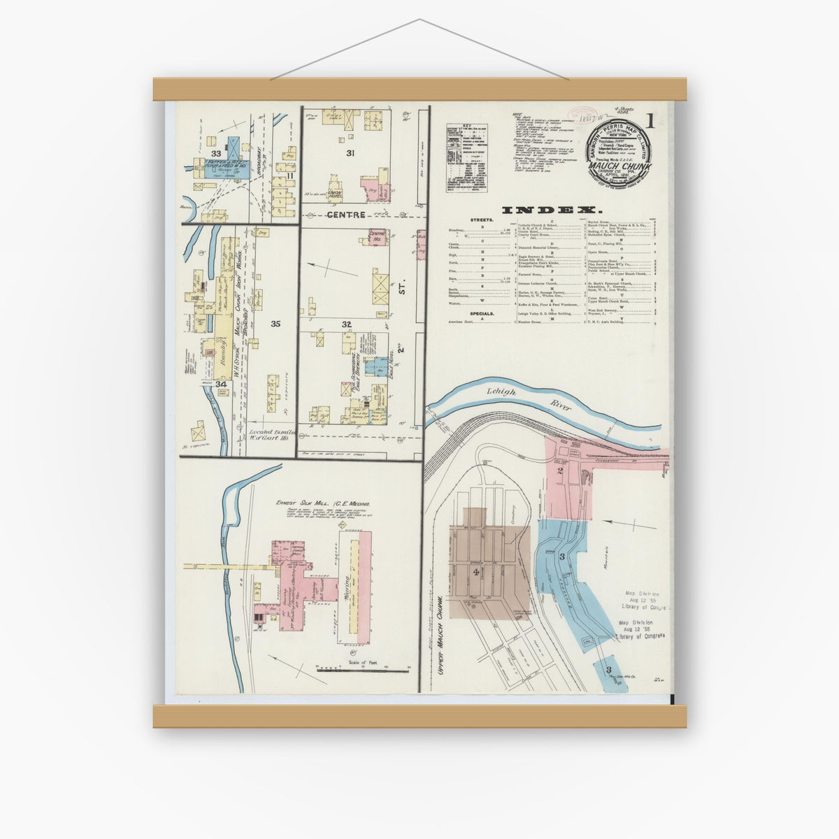 Old map wall art mockup — magnetic wood frame on white wall — Sanborn Fire Insurance Map from Mauch Chunk, Carbon County, Pennsylvania (1891), Sheet #0001