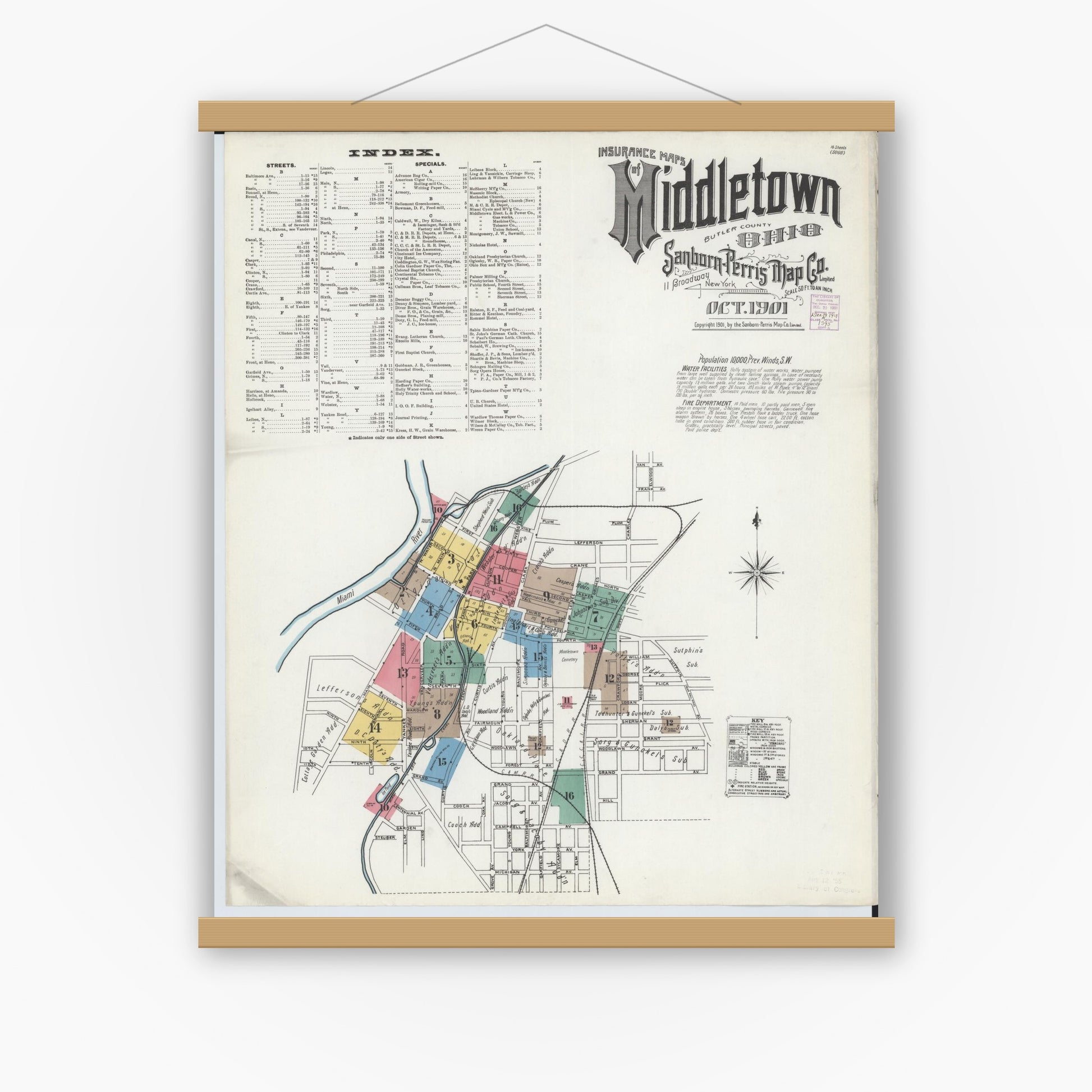 Old map wall art mockup — magnetic wood frame on white wall — Sanborn Fire Insurance Map from Middletown, Butler County, Ohio (1901), Sheet #0001