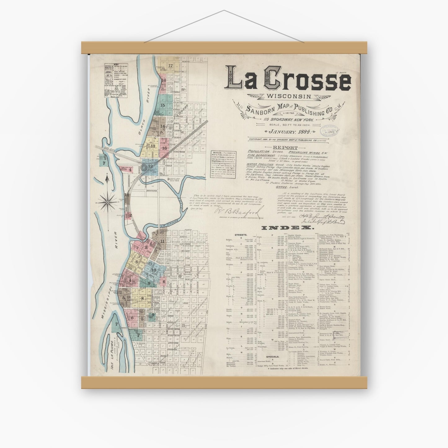 Old map wall art mockup — magnetic wood frame on white wall — Sanborn Fire Insurance Map from La Crosse, La Crosse County, Wisconsin (1884) - Complete Map Set
