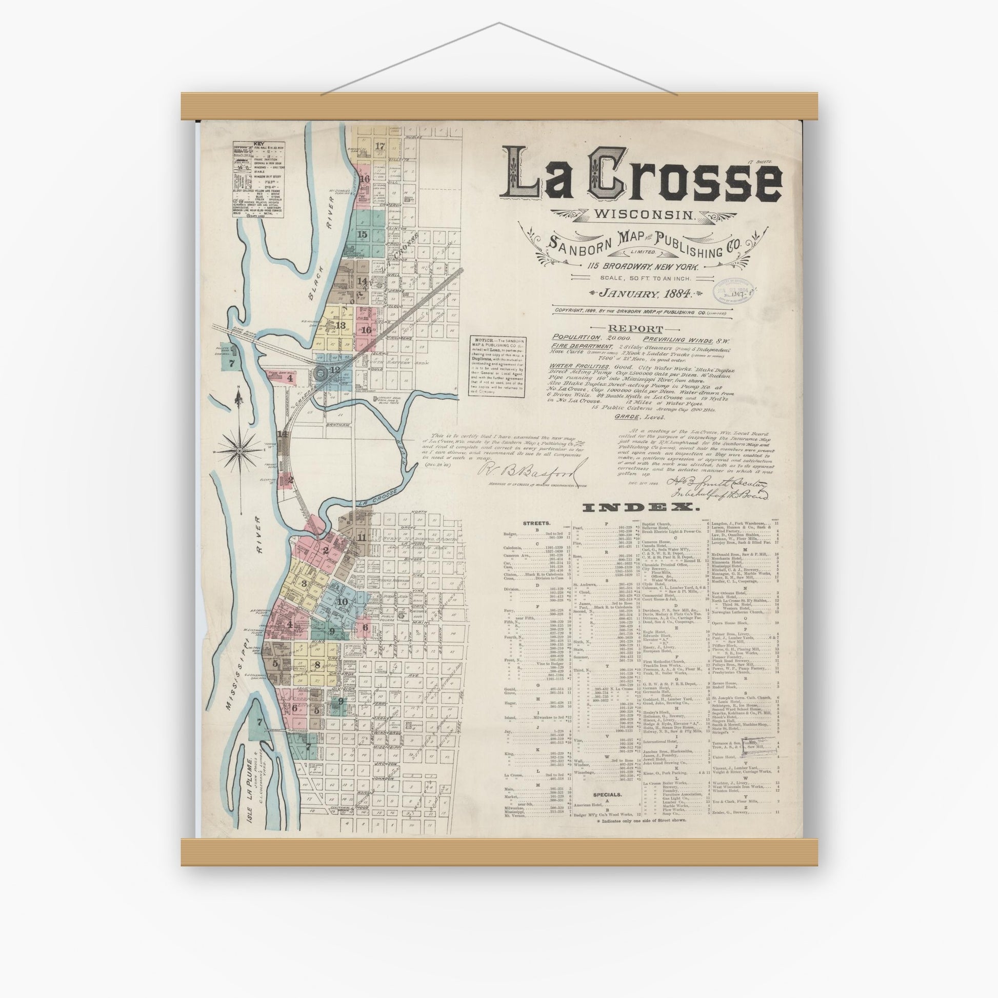 Old map wall art mockup — magnetic wood frame on white wall — Sanborn Fire Insurance Map from La Crosse, La Crosse County, Wisconsin (1884) - Complete Map Set