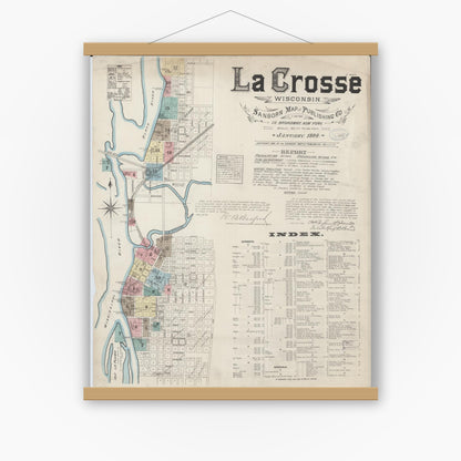 Old map wall art mockup — magnetic wood frame on white wall — Sanborn Fire Insurance Map from La Crosse, La Crosse County, Wisconsin (1884) - Complete Map Set