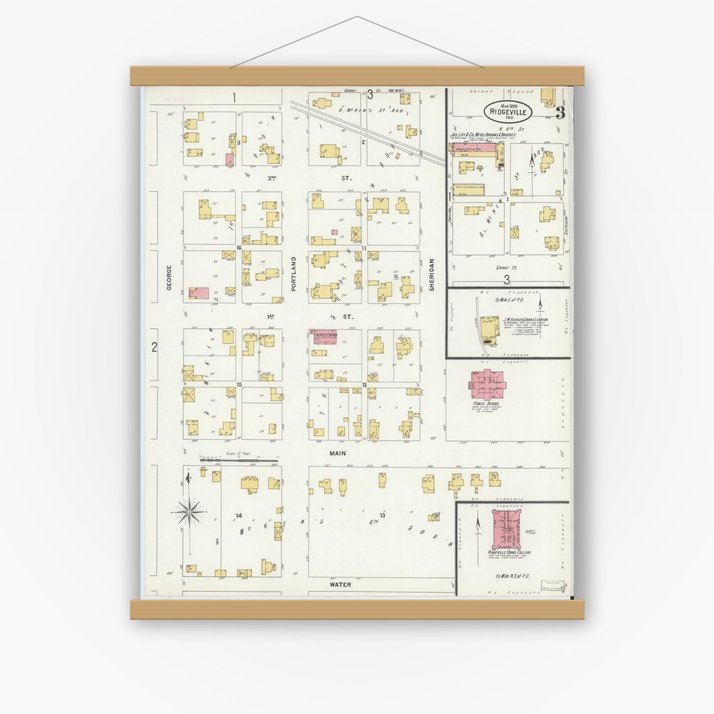 Old map wall art mockup — magnetic wood frame on white wall — Sanborn Fire Insurance Map from Ridgeville, Randolph County, Indiana (1899), Sheet #0003
