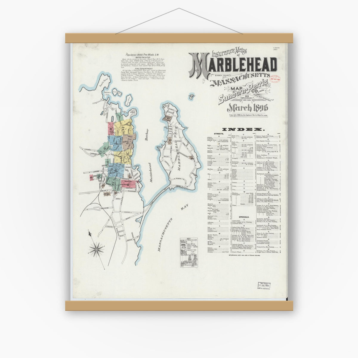 Old map wall art mockup — magnetic wood frame on white wall — Sanborn Fire Insurance Map from Marblehead, Essex County, Massachusetts (1896) - Complete Map Set
