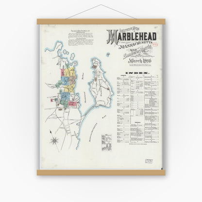 Old map wall art mockup — magnetic wood frame on white wall — Sanborn Fire Insurance Map from Marblehead, Essex County, Massachusetts (1896) - Complete Map Set