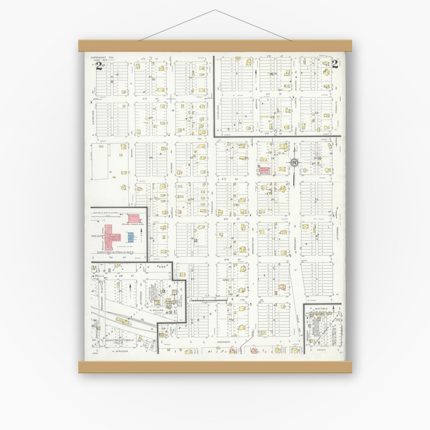 Old map wall art mockup — magnetic wood frame on white wall — Sanborn Fire Insurance Map from Aspermont, Stonewall County, Texas (1934), Sheet #0002