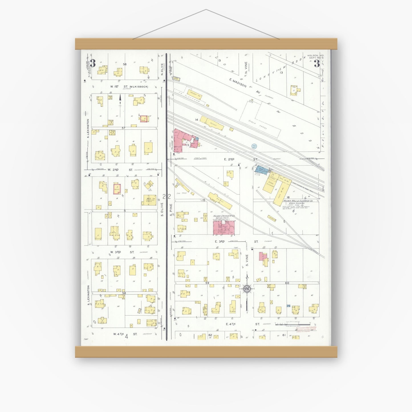 Old map wall art mockup — magnetic wood frame on white wall — Sanborn Fire Insurance Map from Holden, Johnson County, Missouri (1931), Sheet #0003