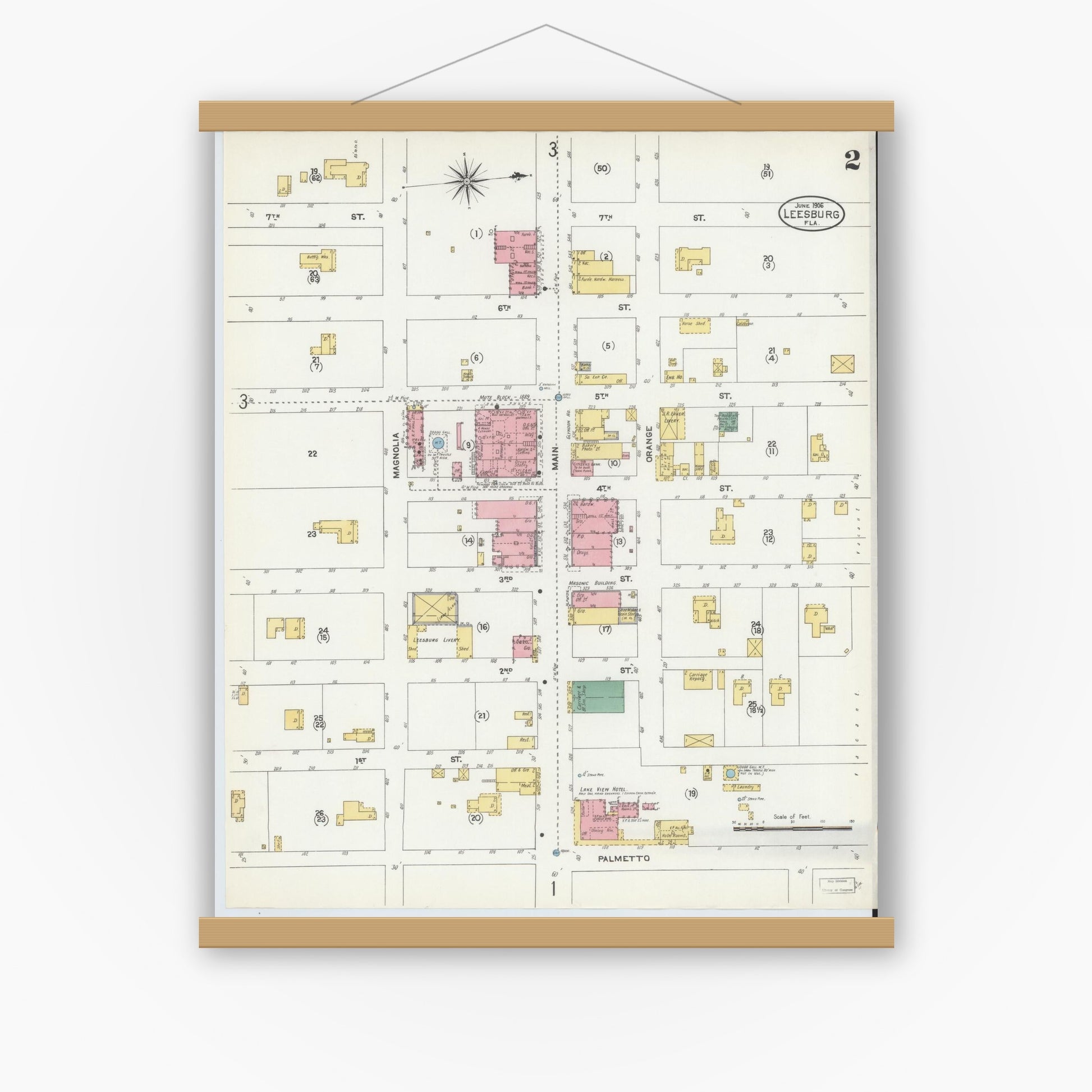 Old map wall art mockup — magnetic wood frame on white wall — Sanborn Fire Insurance Map from Leesburg, Lake County, Florida (1906), Sheet #0002