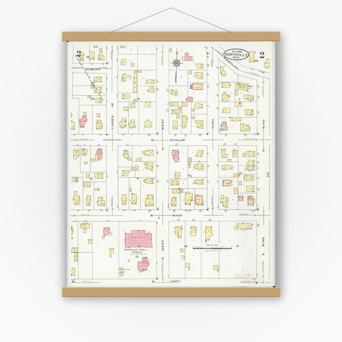 Old map wall art mockup — magnetic wood frame on white wall — Sanborn Fire Insurance Map from Northville, Wayne County, Michigan (1926), Sheet #0002
