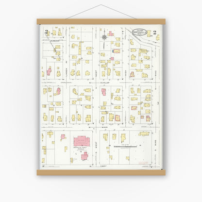Old map wall art mockup — magnetic wood frame on white wall — Sanborn Fire Insurance Map from Northville, Wayne County, Michigan (1926), Sheet #0002