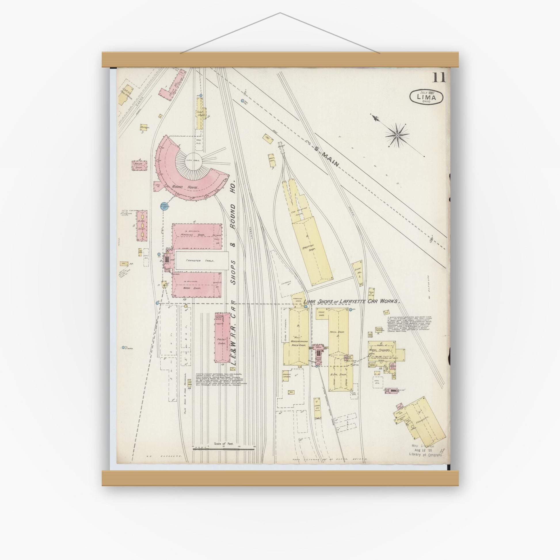 Old map wall art mockup — magnetic wood frame on white wall — Sanborn Fire Insurance Map from Lima, Allen County, Ohio (1887), Sheet #0011