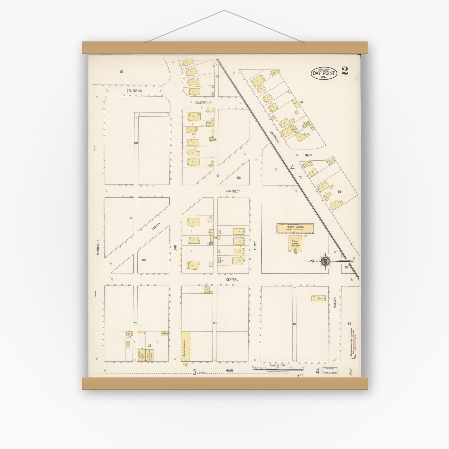Old map wall art mockup — magnetic wood frame on white wall — Sanborn Fire Insurance Map from Bay Point, Contra Costa County, California (1919), Sheet #0002