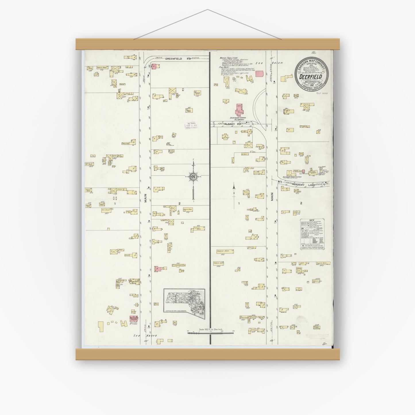 Old map wall art mockup — magnetic wood frame on white wall — Sanborn Fire Insurance Map from Deerfield, Franklin County, Massachusetts (1912), Sheet #0001