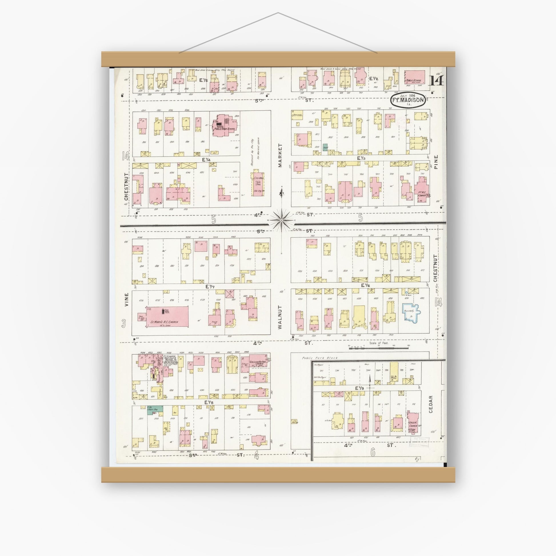 Old map wall art mockup — magnetic wood frame on white wall — Sanborn Fire Insurance Map from Fort Madison, Lee County, Iowa (1894), Sheet #0014