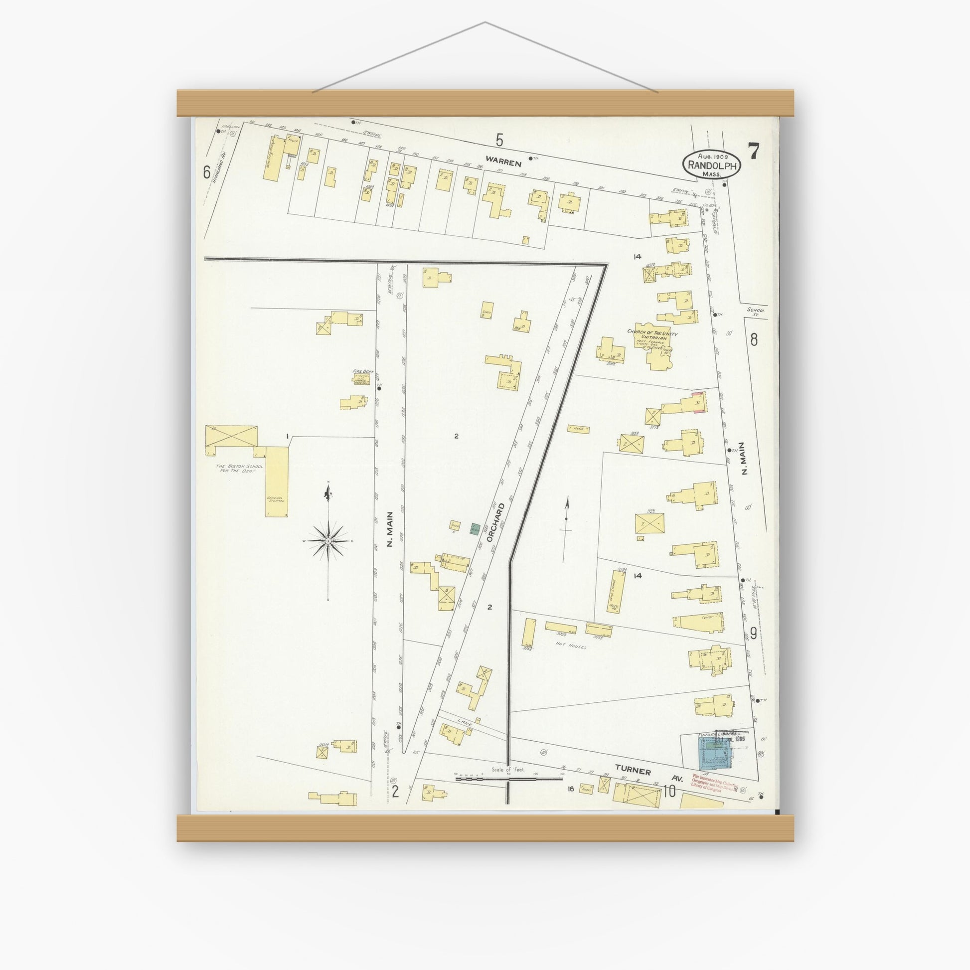 Old map wall art mockup — magnetic wood frame on white wall — Sanborn Fire Insurance Map from Randolph, Norfolk County, Massachusetts (1909), Sheet #0007